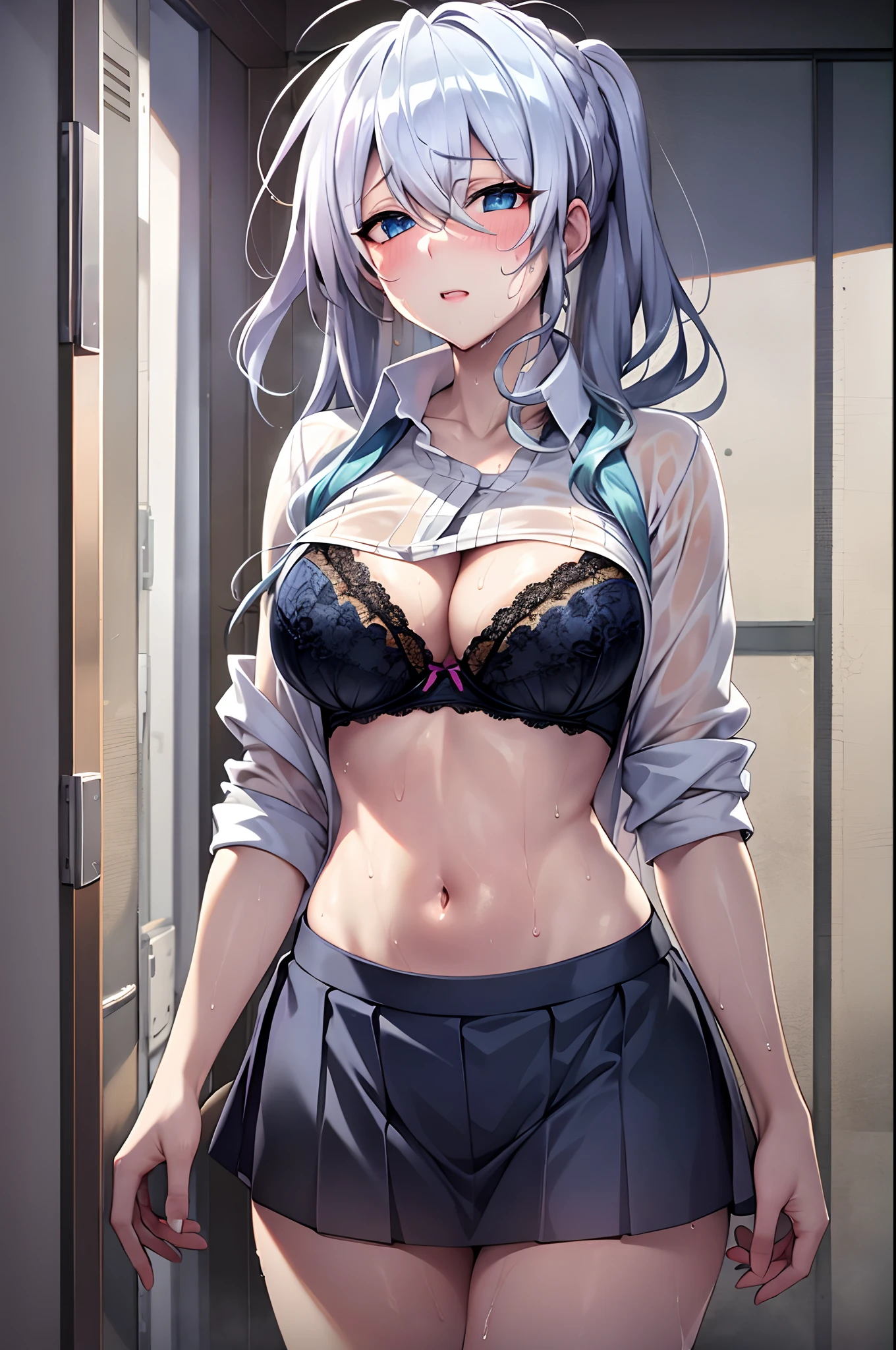 realistic, masterpiece, best quality, high definition, sa1, high school girl, single, solo girls' changing room, sweat-soaked silver hair, blue eyes, sweat-soaked school uniform, , white shirt, skirt, black skirt, open shirt, bra, sheer bra, navy blue high socks, sweat-wet skin