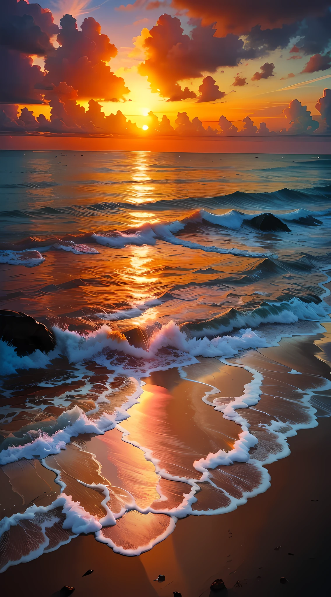 An absolutely mesmerizing sunset on the beach, with a mix of orange, pink, and yellow in the sky. The water is crystal clear, gently kisses the coast, and the white sand is endless. The scene is dynamic and breathtaking, with seagulls soaring high in the sky and palm trees swaying softly. Immerse yourself in the calm atmosphere and let the serenity surround you.