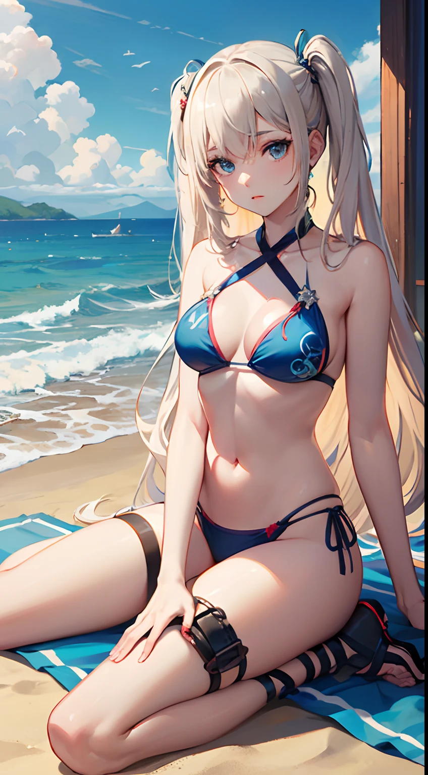 ((Best Quality)), (Ultra-detailed), ((Extremely detailed)), (Beautiful), ((Kawaii Girl)),(two side up hair).,Platinum Blonde Hair,Long hair, hair between eye, Wavy Hair, Long sideburns,Jade-colored eyes, White skin,Normal Chest,Slender body,Cross Halter Bikini,Sandals,Sitting,in beach,Look Camera