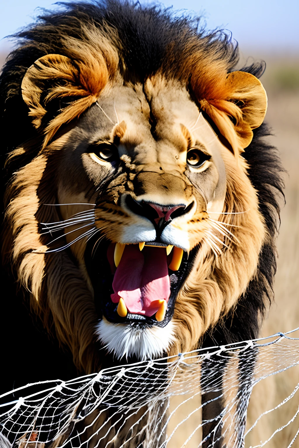 Lion trapped in the net of hunters killed