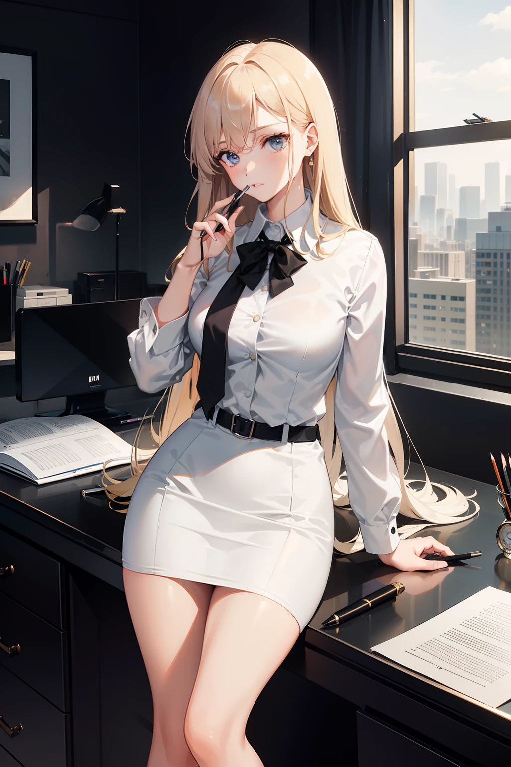 1 girl, elegant, Beautiful, Office Lady, White shirt, black short pencil skirt, Night, Slim body, Long hair, pen, Biting，blackstockings