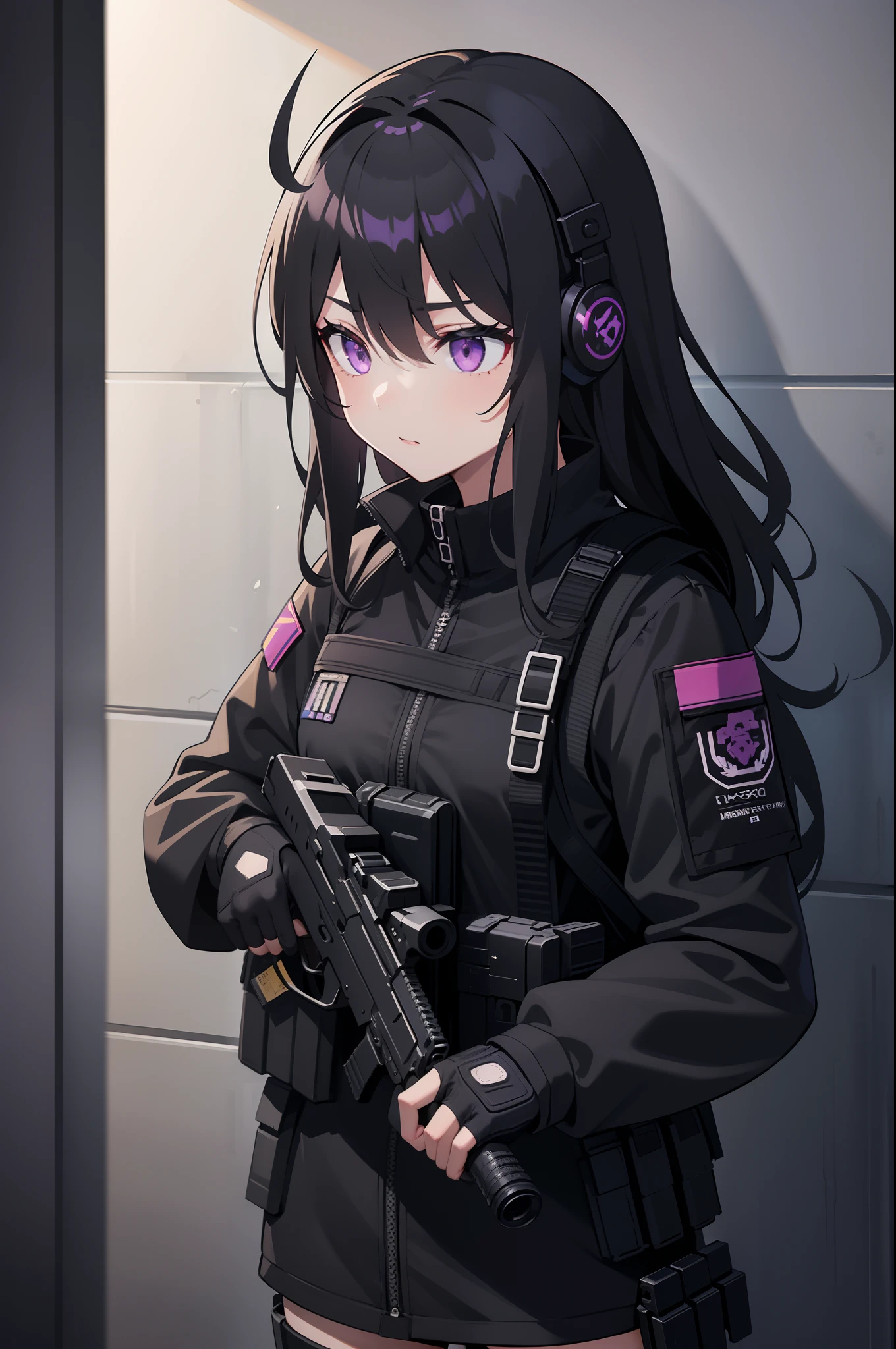 1girl, tactical black helmet, tactical black railed headset, purple eyes, black long messy hair, black camo uniform, black shoulder pads, black tactical vest, black armor pads, black handgun holster, black tactical socks, pointing handgun, handgun, silenced gun, silencer, stance
