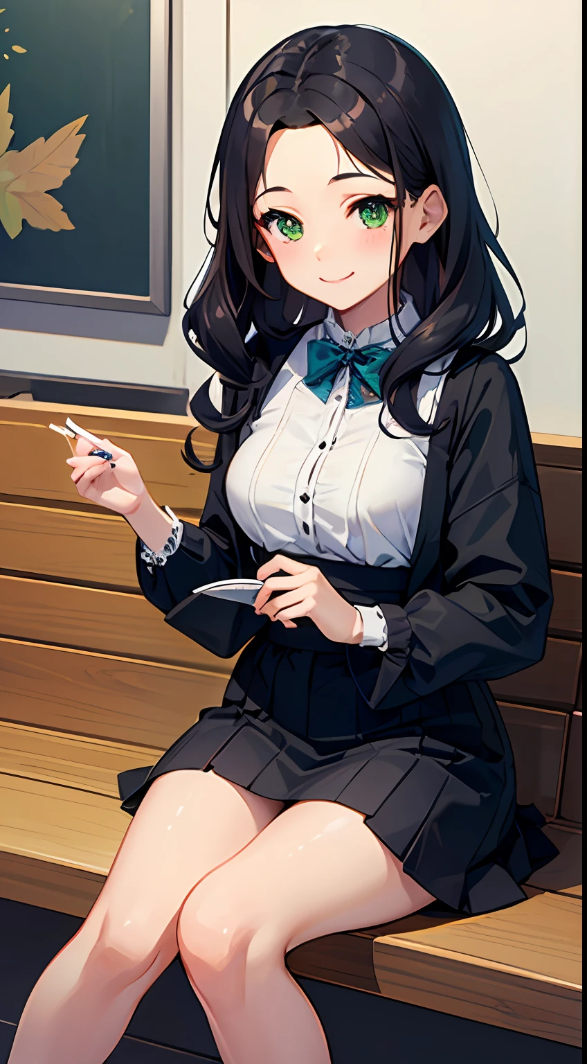 ((Best Quality)), (Ultra-detailed), ((Extremely detailed)), (Beautiful), ((Kawaii Girl)),Medium Hair,Forehead,Dark blue hair,(Wavy Hair),Green eyes,smock blouse,Mini skirt,regular breasts,Smile,Haneda airport lobby,sitting,One Woman