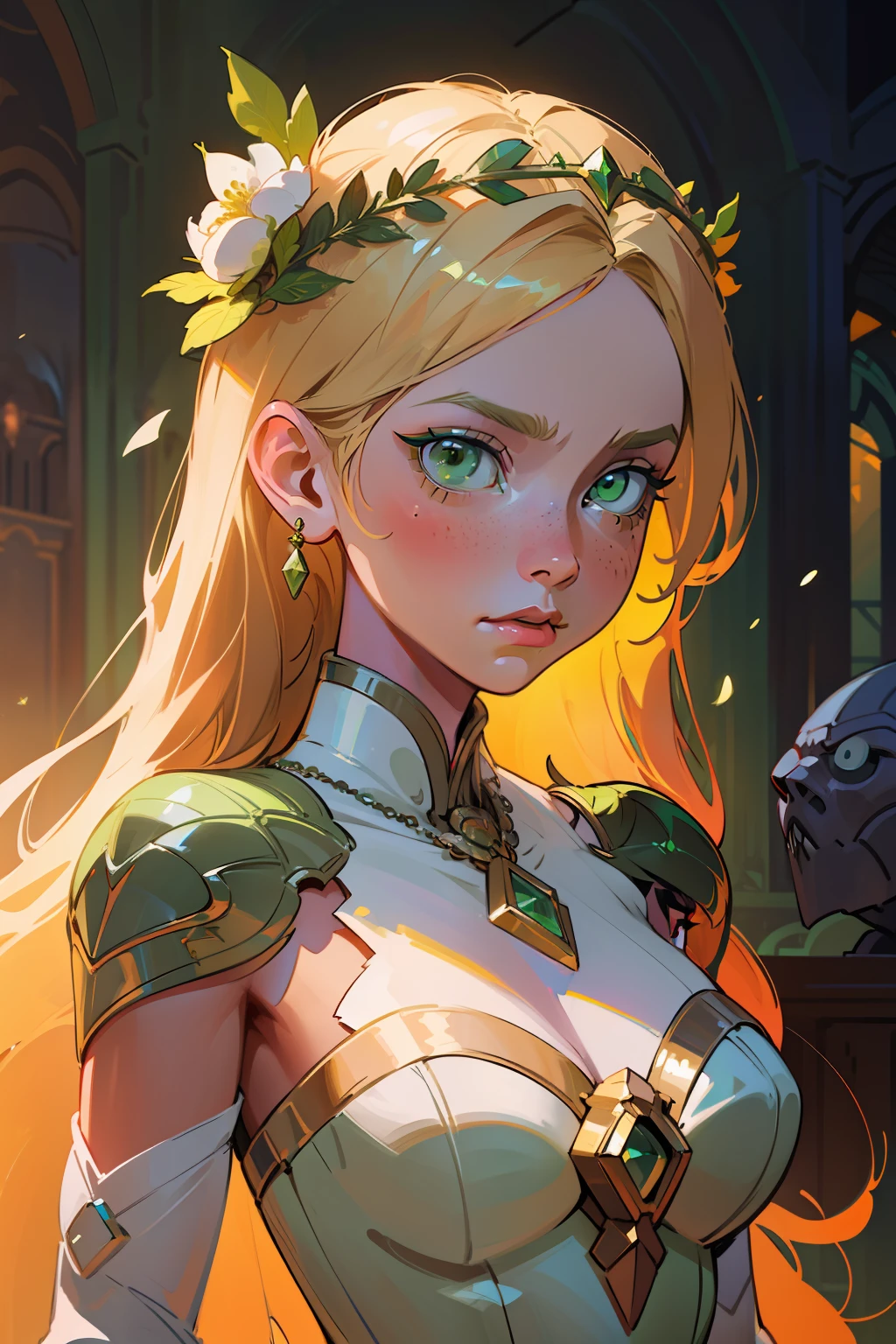 1girl, ((blond hair)), long hair, détailled eyes (((green eyes))), flower crown, freckle, (emerald pendant), white dress, overwatch, digital painting, cold colors palette, full color, highly detailed eyes, anime eyes, pretty face, blizzard, illustration, sharp focus, dramatic lighting, smooth, trending on artstation, cinematic, 8k, concept art, raytracing, elegant, reflections, art style from artgerm and wlop and alphonse mucha and greg rutkowski, background is a fantasy medieval city white.