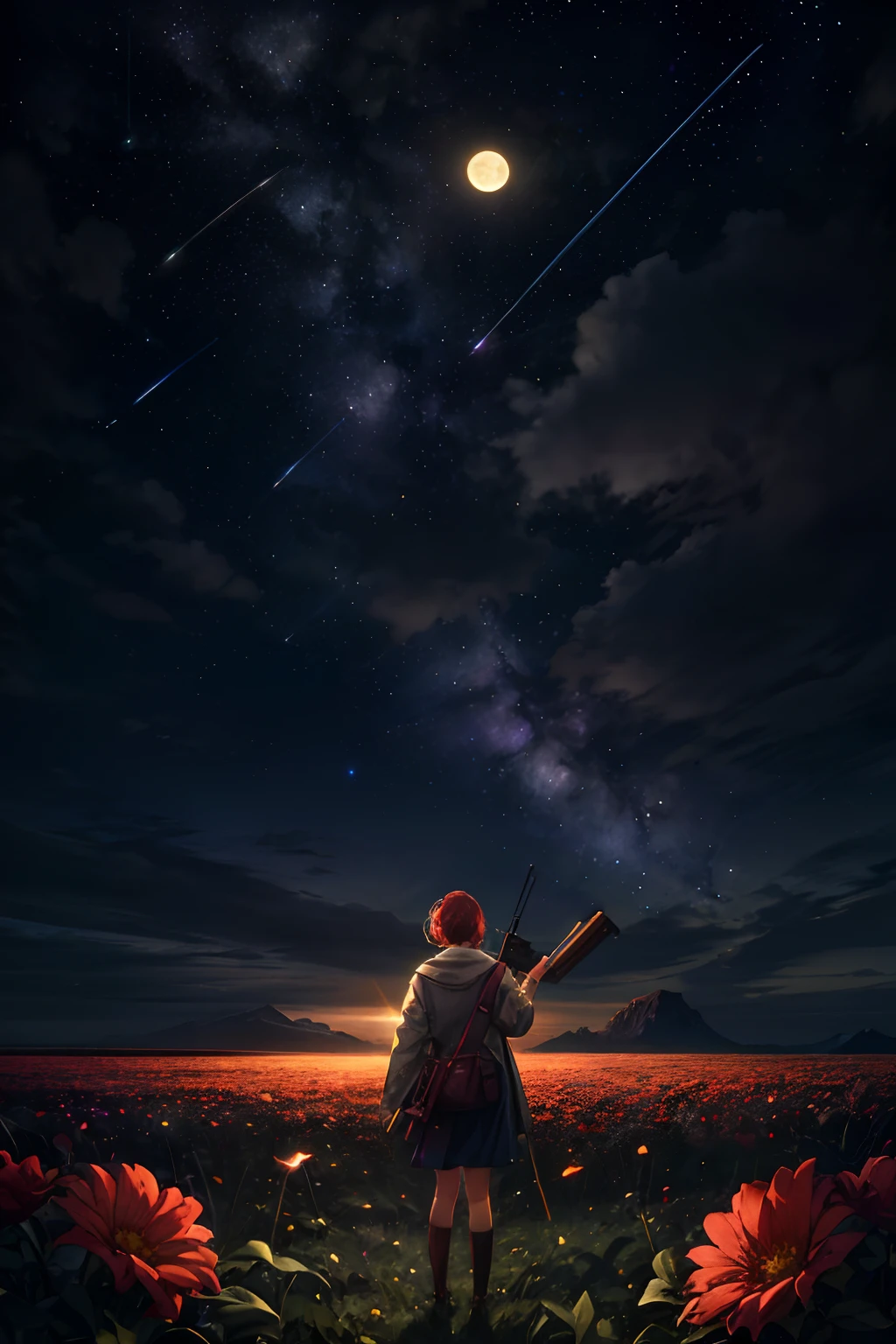 expansive landscape photography, (a bottom view showing the sky above and open country below), a girl standing in a field of flowers looking up, (full moon: 1.2), (shooting stars: 0.9), (nebula : 1.3), distant mountain, BREAK tree production art, (warm light source: 1.2), (Firefly: 1.2), lamp, lots of purple and orange, intricate details, volumetric lighting, BREAK realism (masterpiece: 1.2) , (best quality), 4k, ultra-detailed, (dynamic compositing: 1.4), highly detailed, colorful details, (iridescent colors: 1.2), (bright lighting, atmospheric lighting), dreamy, magical, (solo: 1.2)