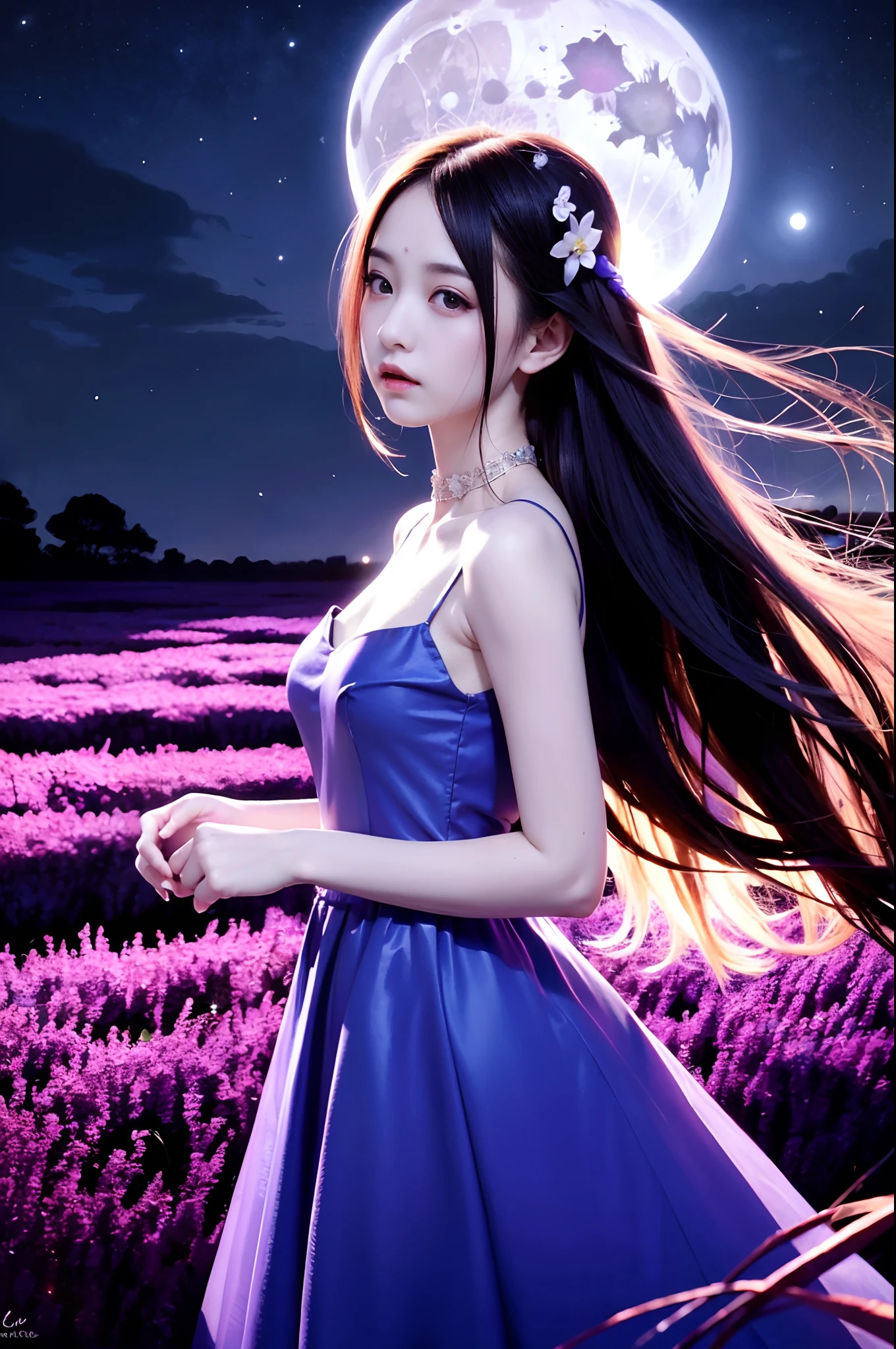 In the dark,Long-haired beauty in towering violet grass,Wearing a dark blue chiffon dress,Long hair is blown up by the wind,Place one hand behind your ear,Under the moonlit starry sky,extreme light,Outstanding light and shadow,in wonderland。Very realistic,Realisticstyle,Dark purple tones,flower sea,Glowing butterflies