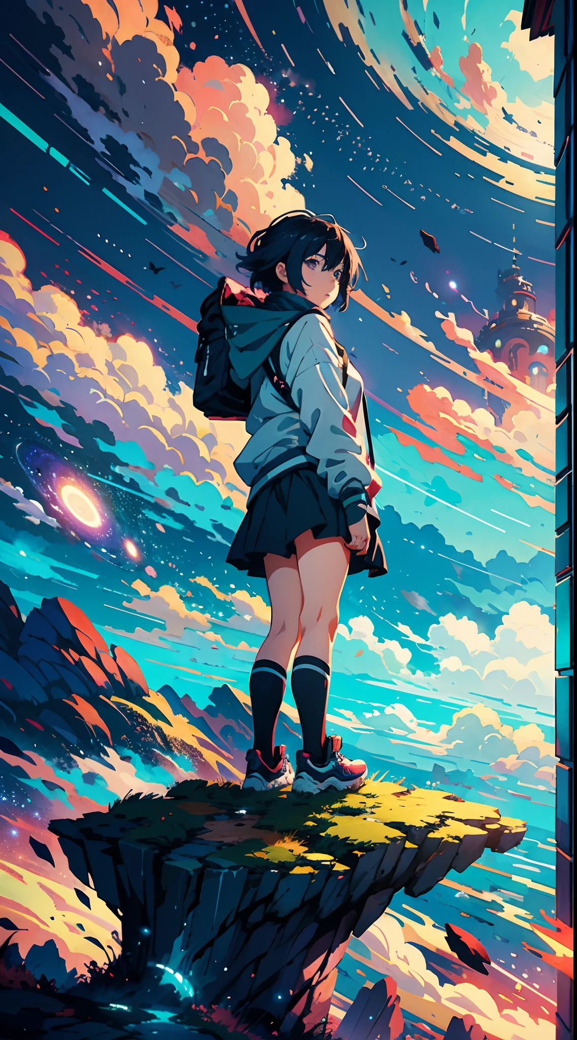 anime girl standing on a rock looking at a star filled sky, makoto shinkai cyril rolando, anime art wallpaper 4k, anime art wallpaper 4 k, anime art wallpaper 8 k, cosmic skies. by makoto shinkai, inspired by Cyril Rolando, in the style dan mumford artwork, amazing wallpaper, by Yuumei