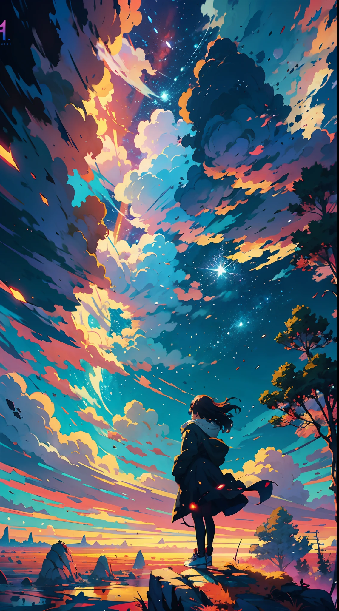 anime girl standing on a rock looking at a star filled sky, makoto shinkai cyril rolando, anime art wallpaper 4k, anime art wallpaper 4 k, anime art wallpaper 8 k, cosmic skies. by makoto shinkai, inspired by Cyril Rolando, in the style dan mumford artwork, amazing wallpaper, by Yuumei