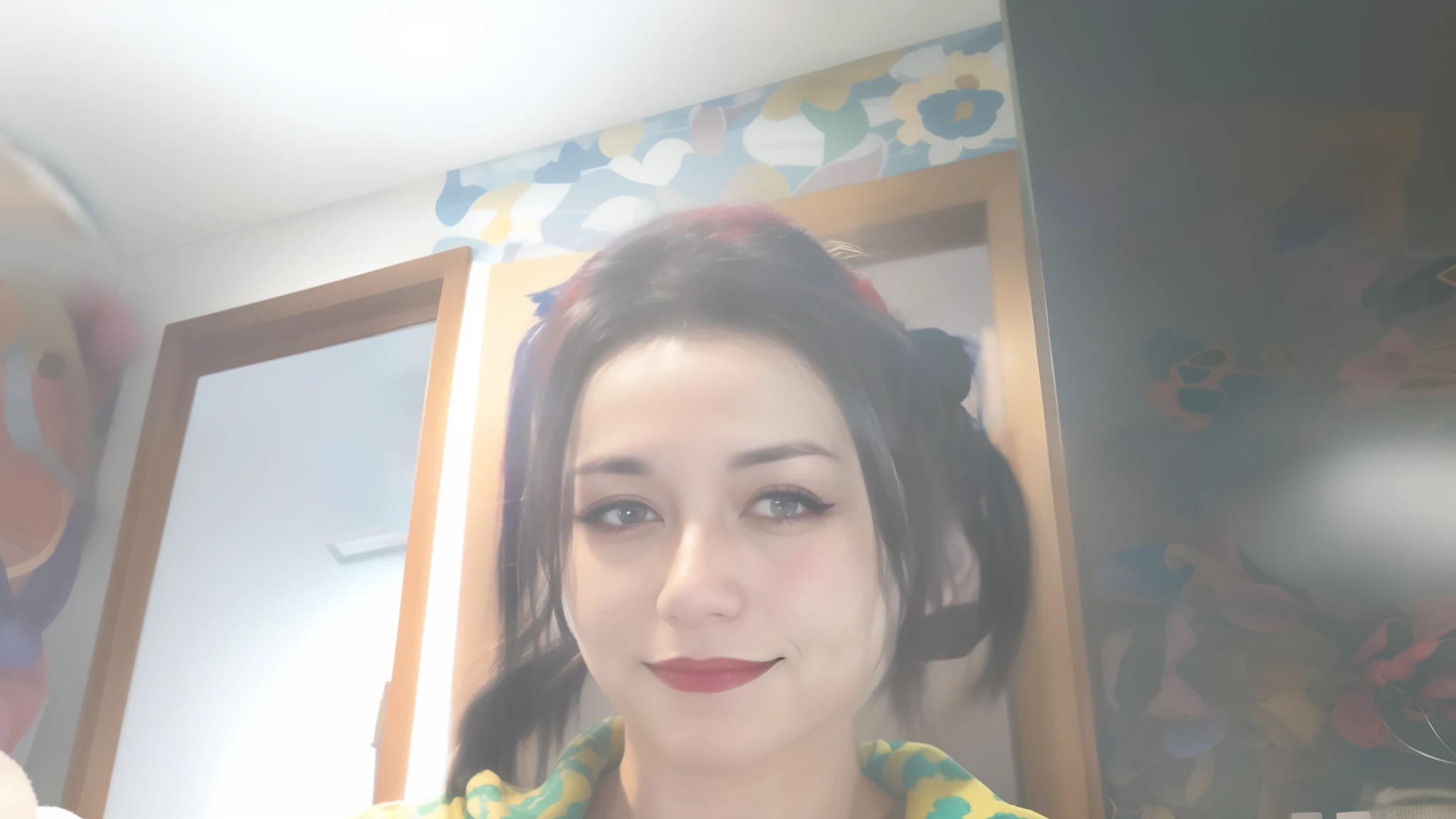 There is a woman who is taking a selfie in the mirror, about 3 5 years old, 3 0 years old woman, 30 years old, 3 0 years old woman, blurry image, selfie photo, profile picture, front photo, 40 year old women, (38 years old), 4 5 yo, 8k selfie photography, very low quality image mix with harley quinn from dc comics