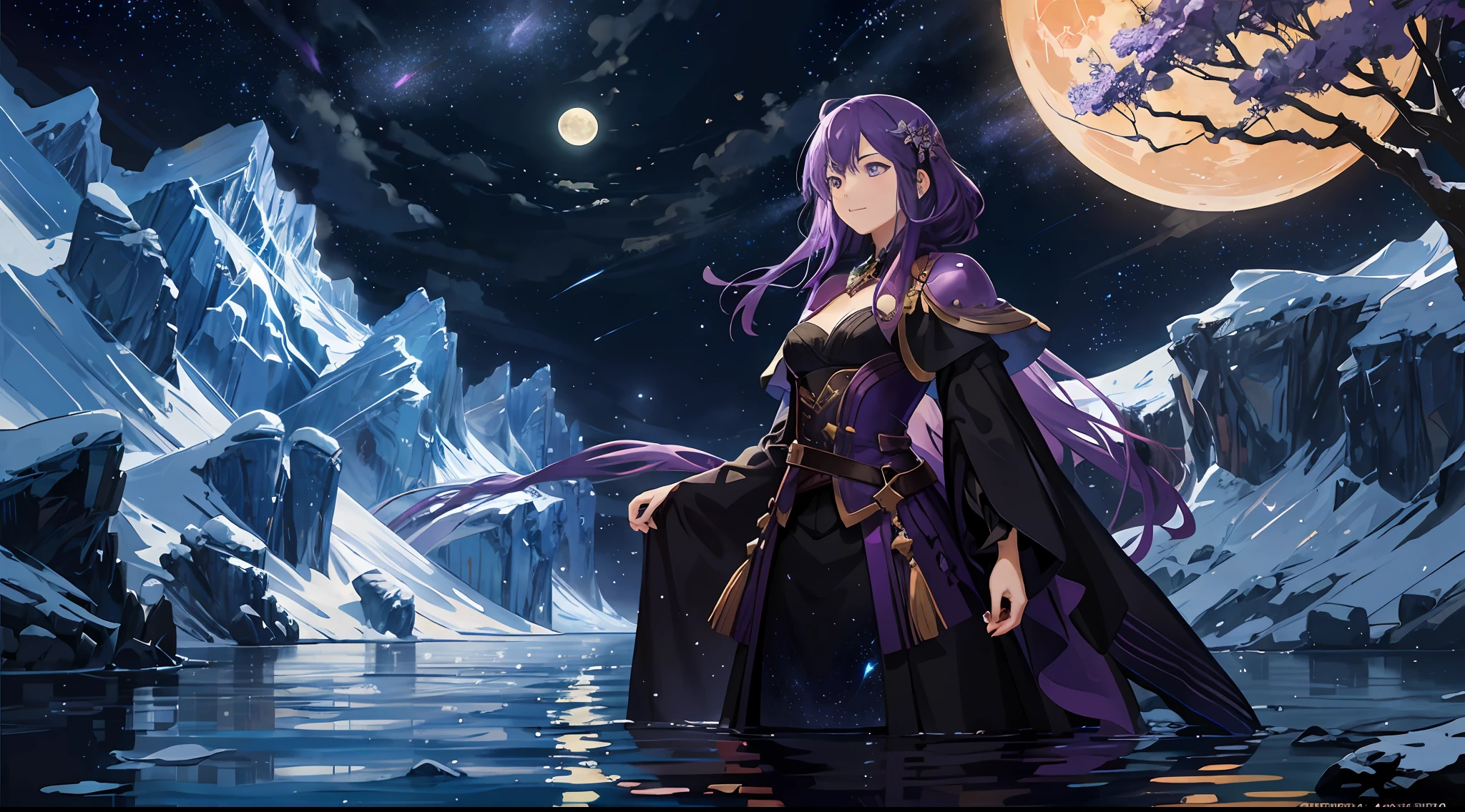 A painting of a river with stars and moon in the sky, concept art inspired by Tosa Mitsuoki, pixiv contest winner, best quality, fantasy art, beautiful anime scene, a bright moon, moonlit starry environment, dream painting, Anime Background Art, Fantasy Landscape Art, Fantasy Night, Anime Background, Background Artwork, Fantastic Art, Atmospheric Anime, Starry Sky, Detail Enhanced. Purple Galaxies