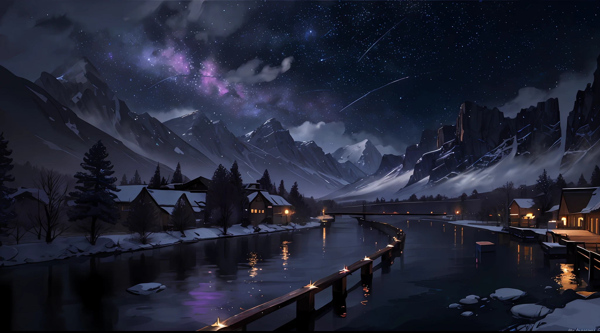 A painting of a river with stars and moon in the sky, concept art inspired by Tosa Mitsuoki, pixiv contest winner, best quality, fantasy art, beautiful anime scene, a bright moon, moonlit starry environment, dream painting, Anime Background Art, Fantasy Landscape Art, Fantasy Night, Anime Background, Background Artwork, Fantastic Art, Atmospheric Anime, Starry Sky, Detail Enhanced. Purple Galaxies