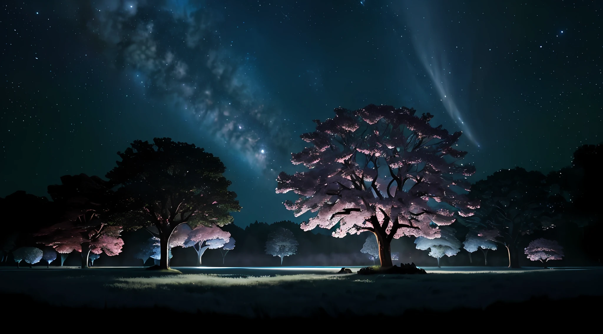 Illustration of a hyperrealistic , otherworldly, ultrasky scene featuring a giant crystal tree full body,very detailed and magical lighting, intricate forest details, vegetation and river around, solarpunk ,landscape, giant tree, beatifull leafy with beautiful lighting and realistic proportions, as if it were a cinematic background, 8k, highest quality, masterpiece, clouds and stars in the sky. Galaxies, blossom trees