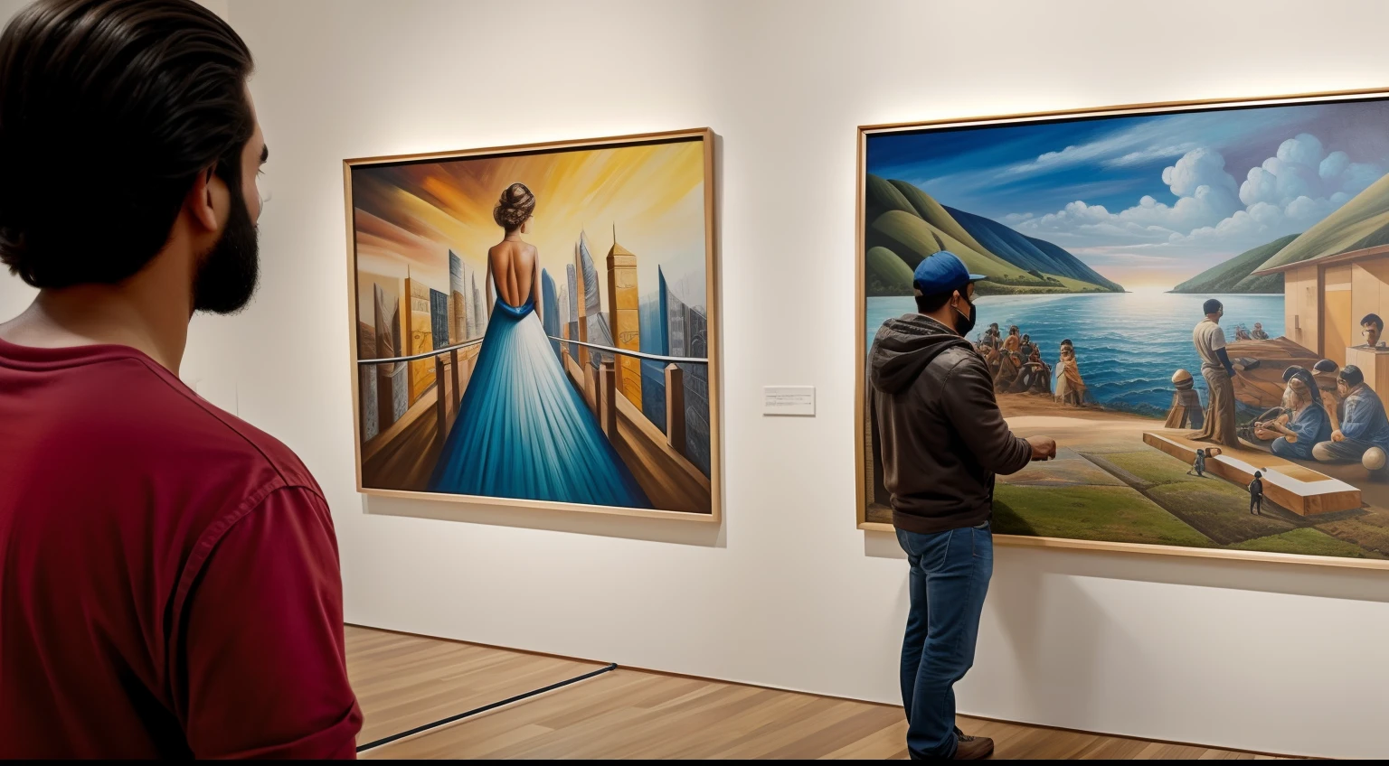 Uma imagem de uma galeria de arte com as pinturas do protagonista exibidas, pessoas admirando as obras e interagindo com o artista.