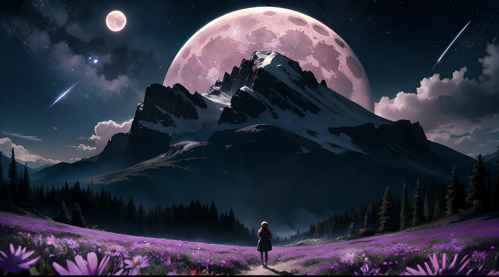 Expansive landscape photograph, (view from below with a view of the sky and the wilderness below), little girl standing in a flower field looking up, (full moon: 1.2), (shooting star: 0.9), (nebula: 1.3), distant mountain, tree break production art, (warm light source: 1.2), (firefly: 1.2), lamp, purple and orange, intricate detail, volume lighting BREAK (masterpiece: 1.2), (highest quality ), 4k, ultra-detailed, (dynamic configuration: 1.4), highly detailed and colorful details (iridescent: 1.2), (sparkling lighting, atmospheric lighting), dreamy, magical, (solo: 1.2)