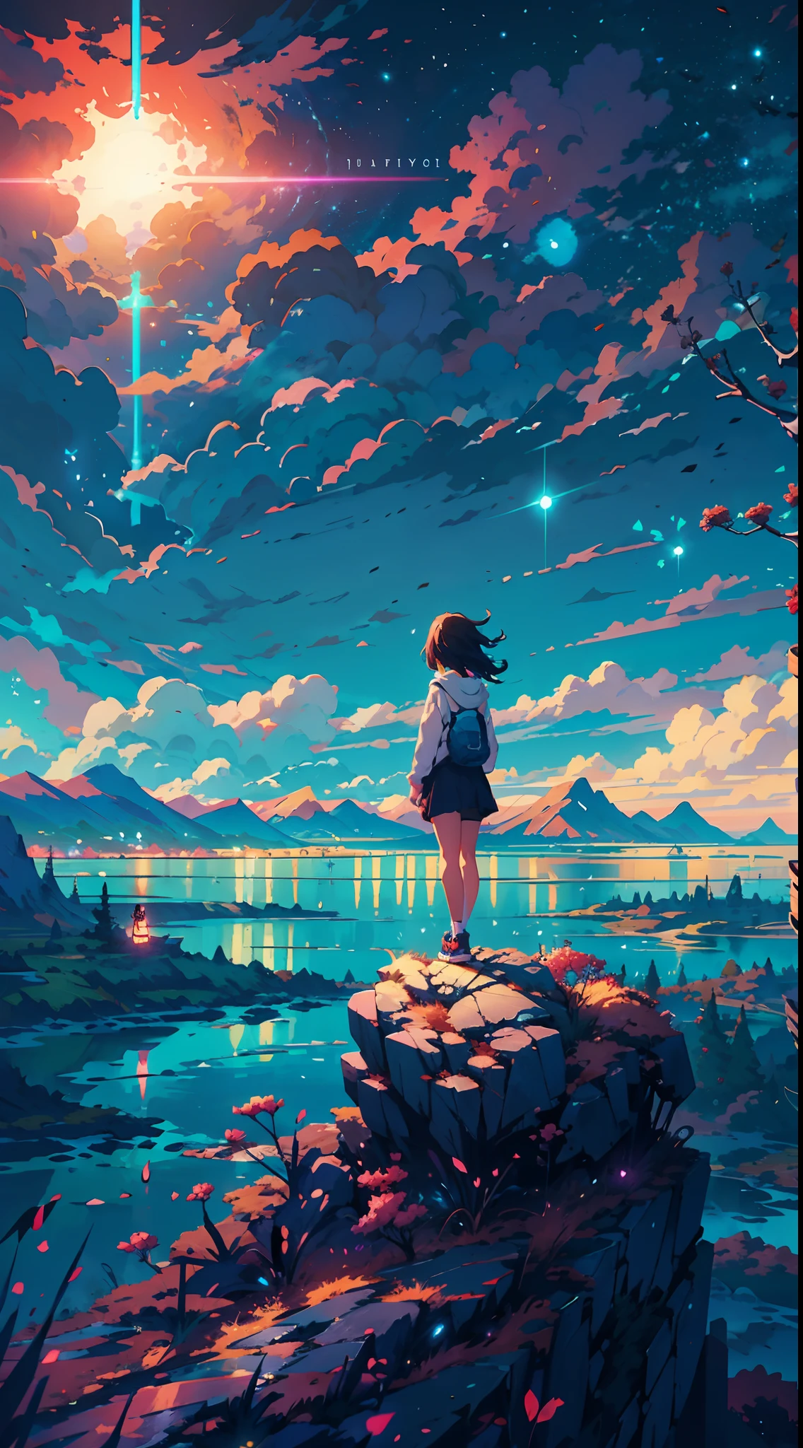 anime girl standing on a rock looking at a star filled sky, makoto shinkai cyril rolando, anime art wallpaper 4k, anime art wallpaper 4 k, anime art wallpaper 8 k, cosmic skies. by makoto shinkai, inspired by Cyril Rolando, in the style dan mumford artwork, amazing wallpaper, by Yuumei