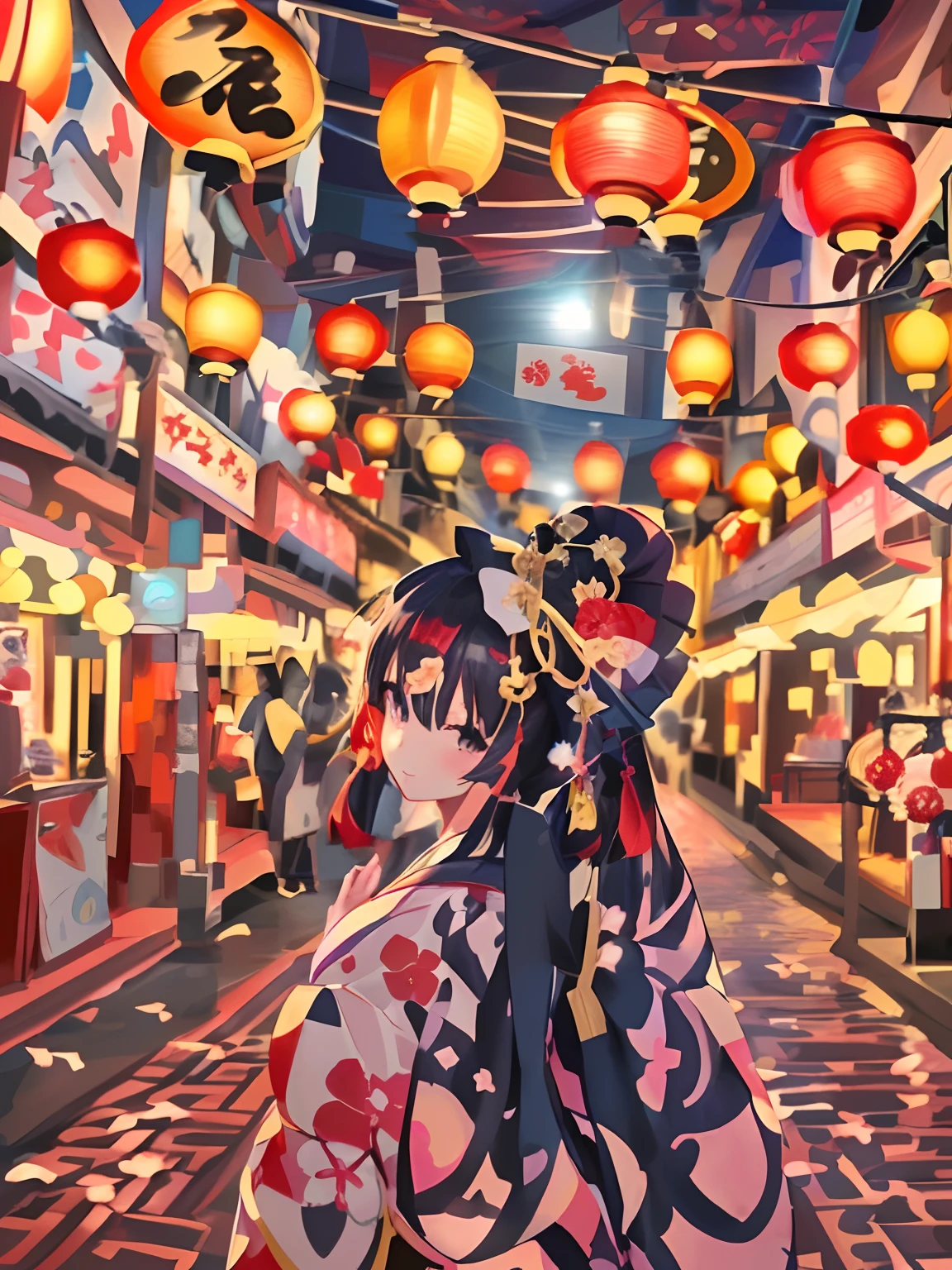 Anime girl in kimono costume standing on street with lantern, anime style 4 k, Anime art wallpaper 8k, anime art wallpaper 4k, anime art wallpaper 4k, anime wallpaper 4 k, anime wallpaper 4k, best anime 4k konachan wallpaper, 4k anime wallpaper, hanayamata, beautiful anime artwork, in a japanese town at night