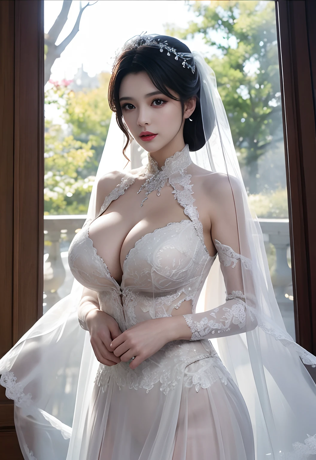 huge tit，Sheer tulle sheer wedding dress。