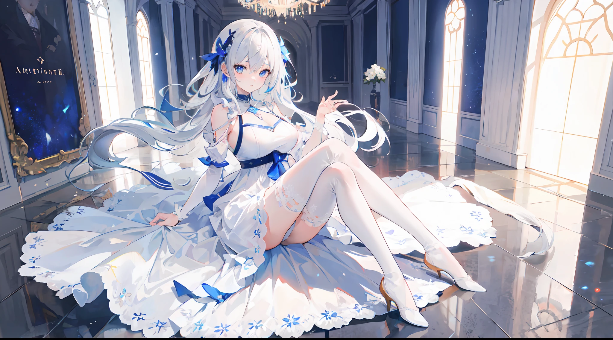 Anime girl sitting on floor in white dress with blue trim - SeaArt AI