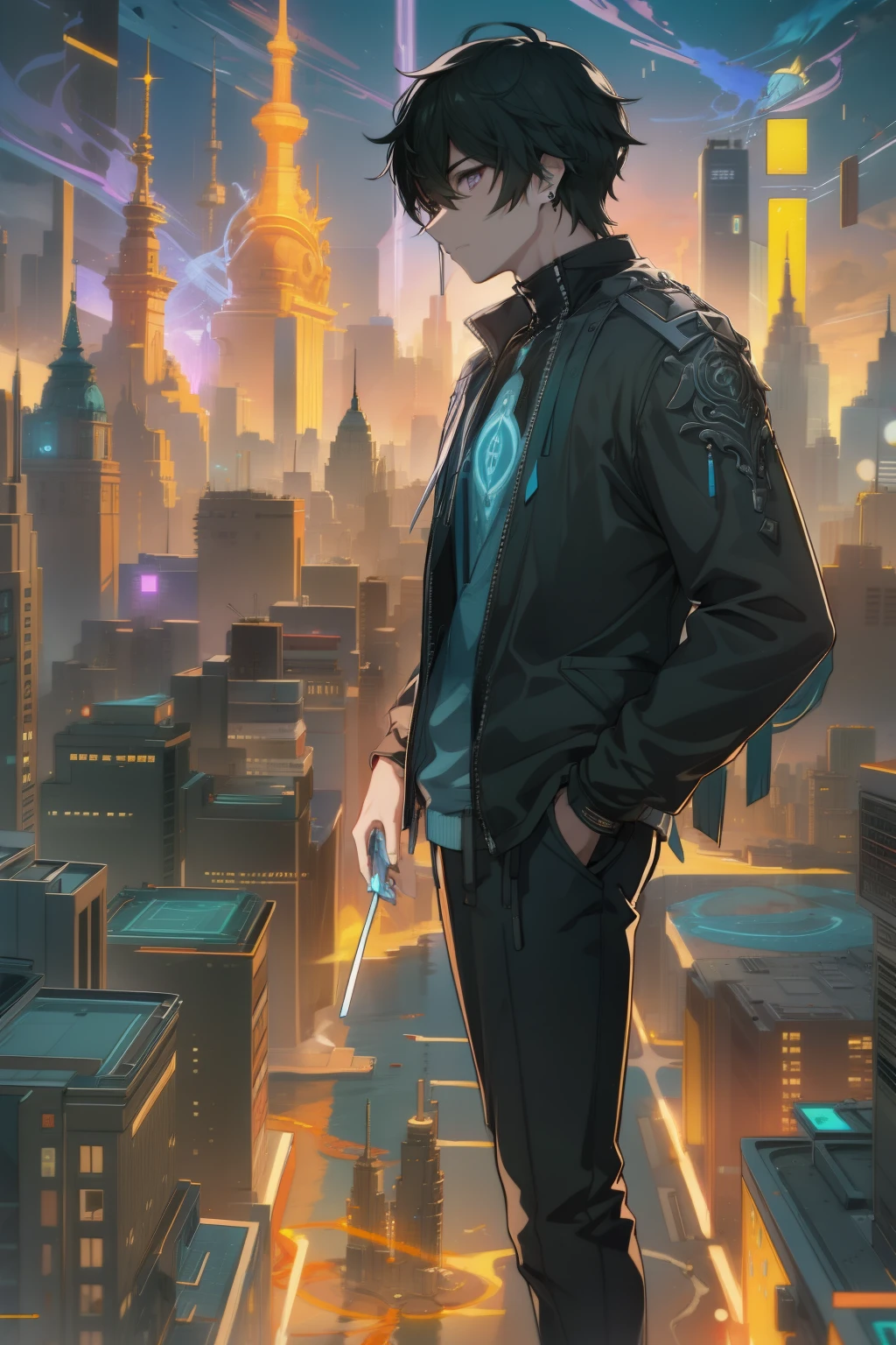 On the vibrant skyline of a modern fantasy city, A 27-year-old boy stands out with black hair that contrasts with his white skin, and silver eyes that seem to reflect the neon lights that illuminate the city. Viste un elegante traje negro adornado con sutiles detalles dorados que brillan bajo las luces de la ciudad. El manto largo que lleva agrega un toque distintivo a su figura, mientras se mueve entre rascacielos y pantallas de hologramas. en el fondo, The city comes alive with rivers of light and futuristic buildings that defy the imagination. Este es tu protagonista, A contemporary enigma in an urban world full of wonders and dreamy technology.