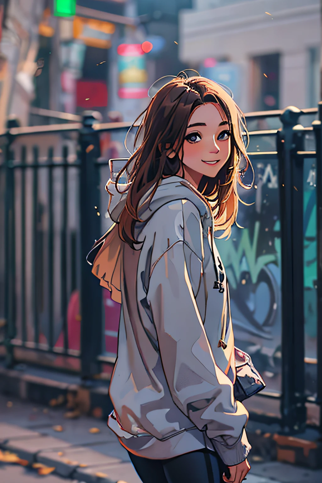 photo of a beautiful girl wearing casual shirt with a hoodie and leggings, city street, messy medium hair, slim body, view from back, medium upper body shot, looking at the camera, cute smile, shallow depth of field