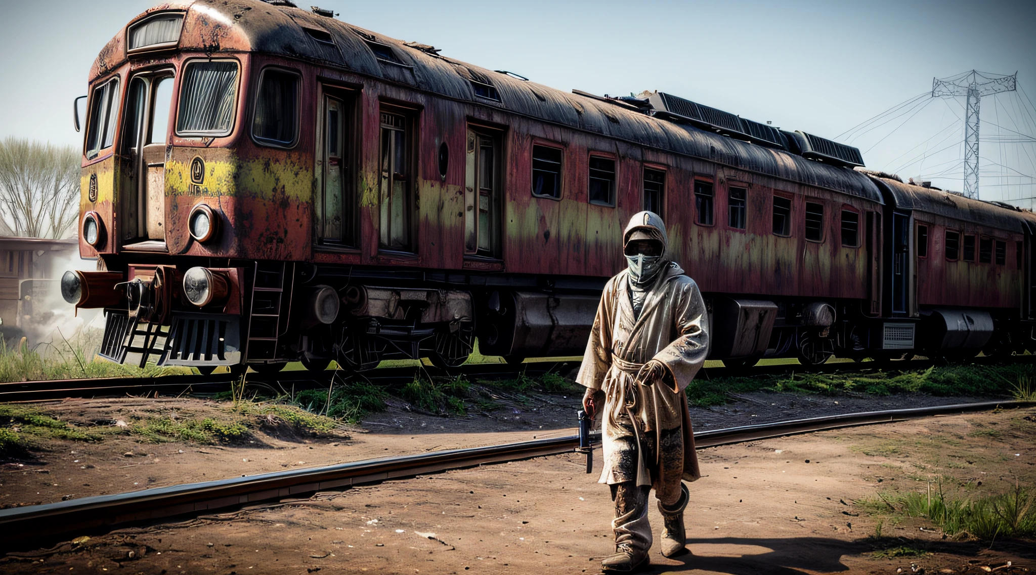 8k, realistic, vray, HDR, 6000K, on a post-apocalyptic ghostly train yard, overgrown tracks, rusting graffiti-covered trains, broken control tower. SZ_4po enviroment 
BREAK
a masked man with a gun in his hands, Post-apocalyptic scavenger, in apocalyptic robes,