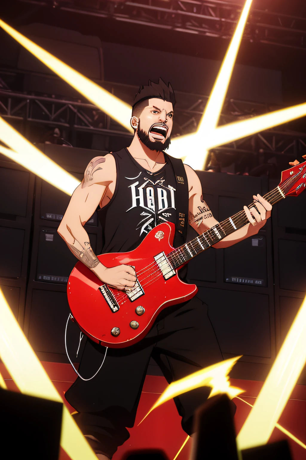 one man with undercut hair, wearing black basketball jersey, black jeans pants, goatee beard, perfect anatomy, standing in heavy metal concert, holding red electric guitar, open mouth, energic pose, energic expression.