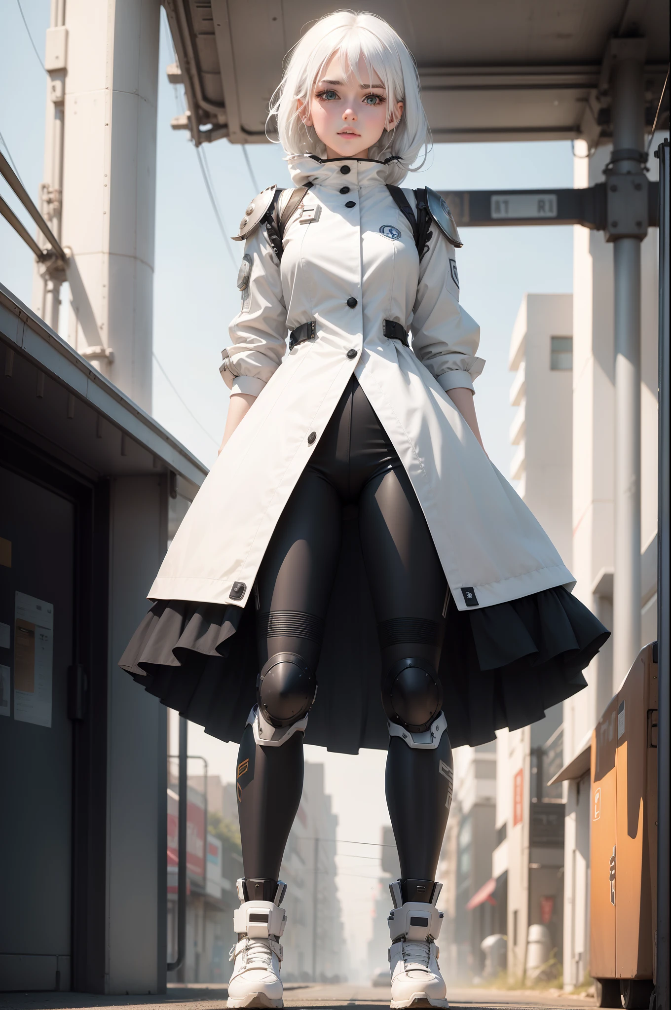 White hair girl with Mechanical clothing Mechanical line Facing the front Stand up straight