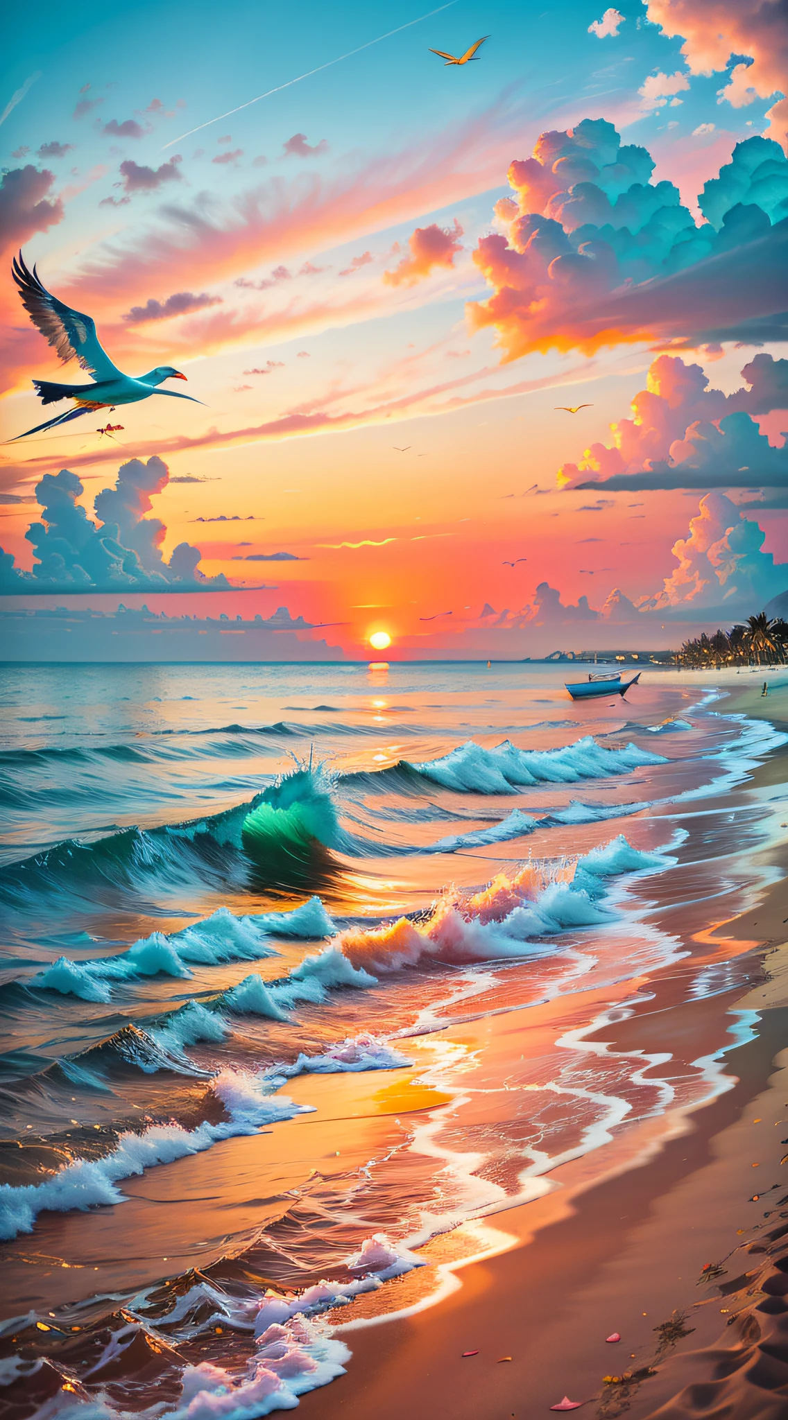 An absolutely mesmerizing sunset on the beach, with orange, pink, white boats and yellow filling the sky. The water is crystal clear, gently kissing the shore, and the white sand beach stretches as far as the eye can see. The scene is dynamic and breathtaking, with seagulls soaring high in the sky and palm trees gently swaying. Immerse yourself in the tranquility and let the tranquility surround you.