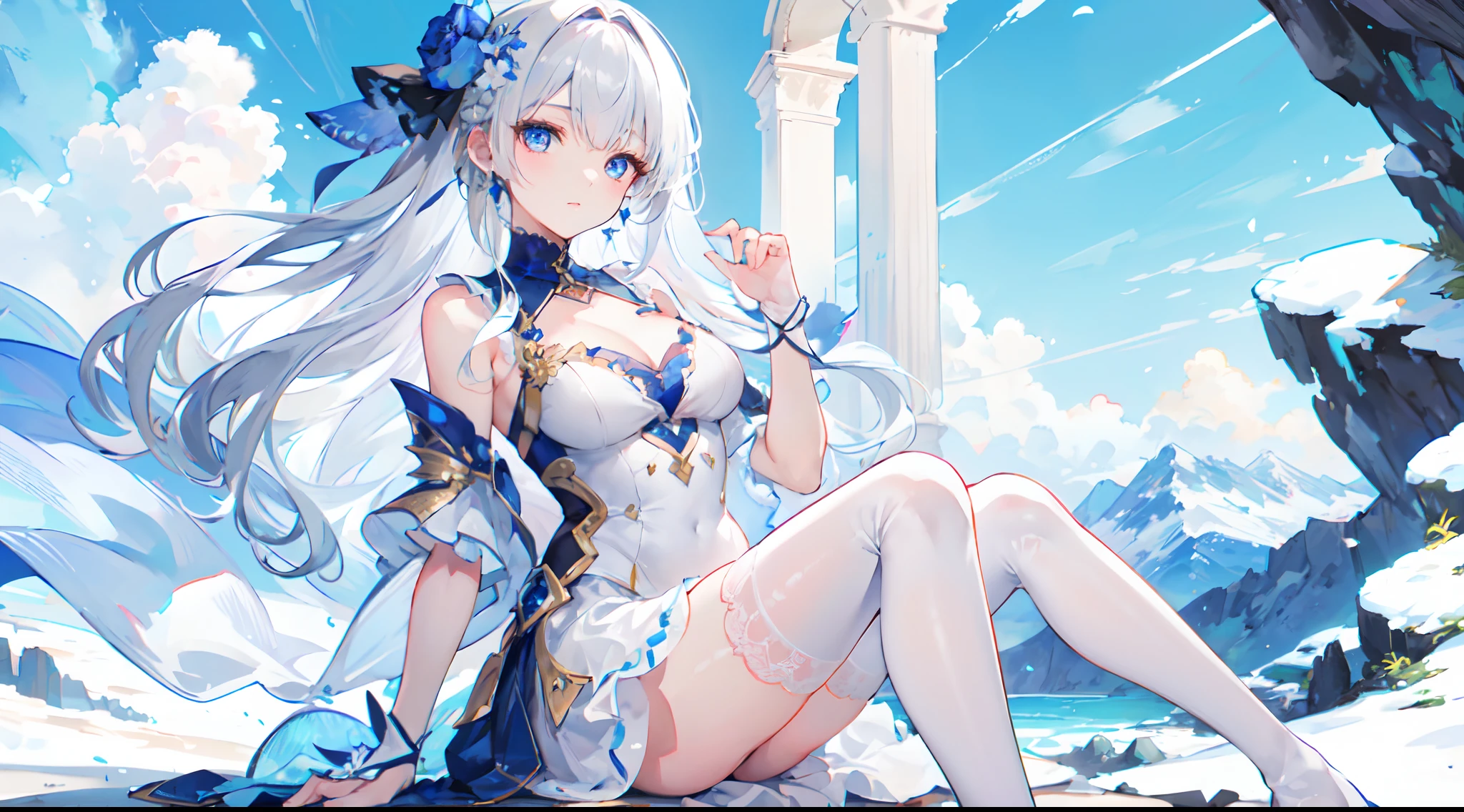 1 mature girl, ((masterpiece)), ((best quality)), ((highres)), ((anatomically correct)), 16 k, uhd, silver hair, long hair, blue eyes, beautiful detailed eyes, white dress, mountain, blue sky, beauyiful detailed sky, white stockings,