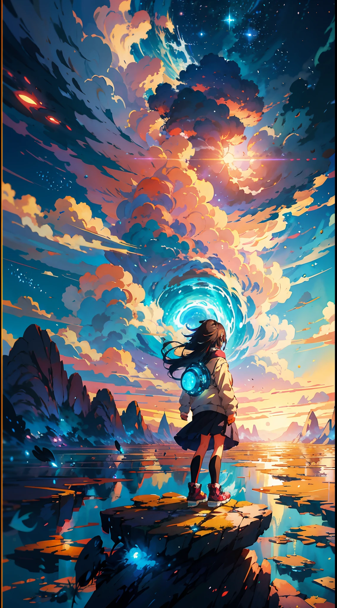 anime girl standing on a rock looking at a star filled sky, makoto shinkai cyril rolando, anime art wallpaper 4k, anime art wallpaper 4 k, anime art wallpaper 8 k, cosmic skies. by makoto shinkai, inspired by Cyril Rolando, in the style dan mumford artwork, amazing wallpaper, by Yuumei