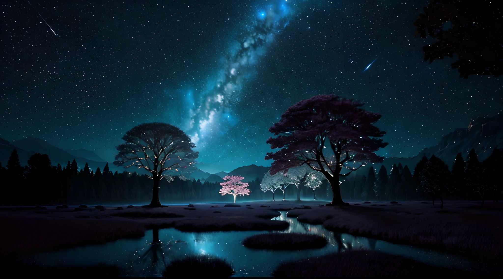 Illustration of a hyperrealistic , otherworldly, ultrasky scene featuring a giant crystal tree full body,very detailed and magical lighting, intricate forest details, vegetation and river around, solarpunk ,landscape, giant tree, beatifull leafy with beautiful lighting and realistic proportions, as if it were a cinematic background, 8k, highest quality, masterpiece, clouds and stars in the sky. Galaxies, blossom trees