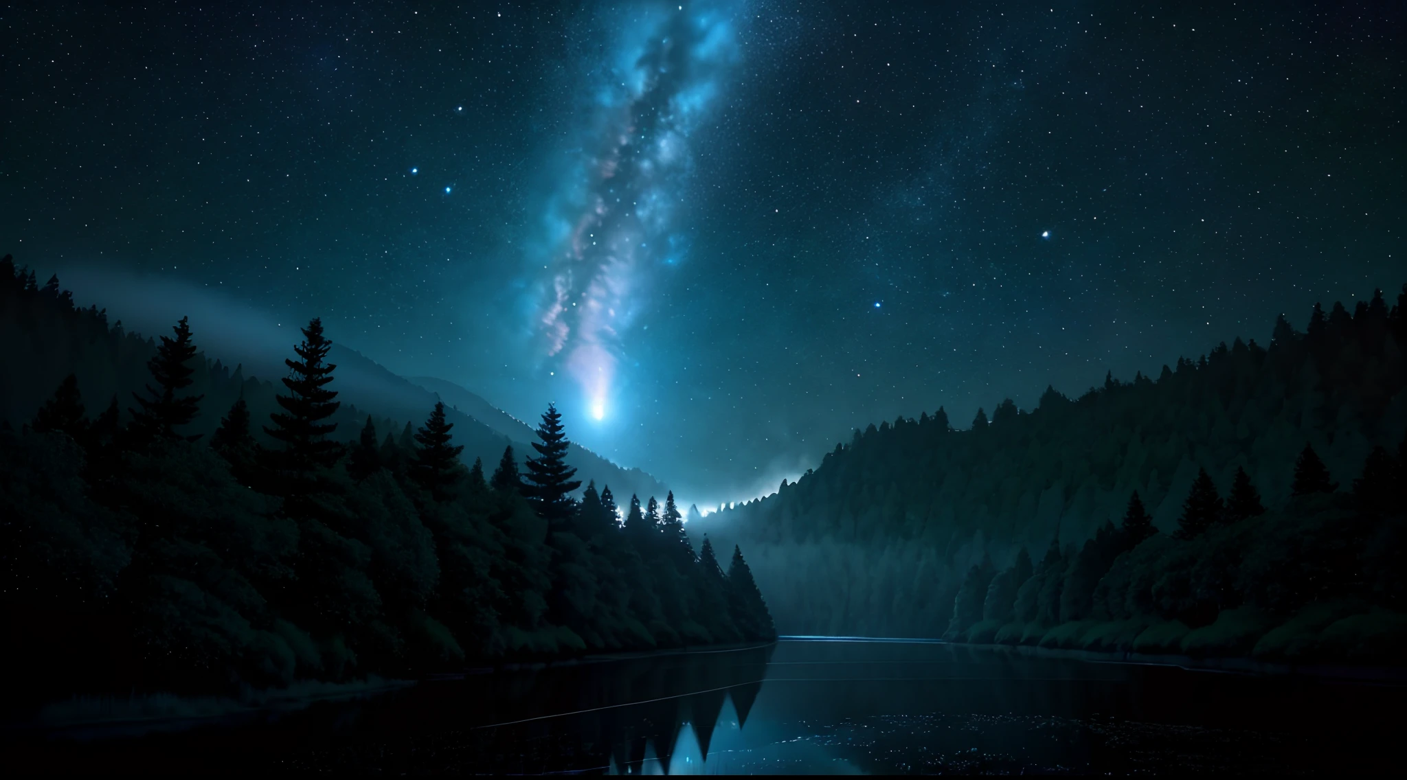 Illustration of a hyperrealistic , otherworldly, ultrasky scene featuring a giant crystal tree full body,very detailed and magical lighting, intricate forest details, vegetation and river around, solarpunk ,landscape, giant tree, beatifull leafy with beautiful lighting and realistic proportions, as if it were a cinematic background, 8k, highest quality, masterpiece, clouds and stars in the sky. Galaxies, blossom trees