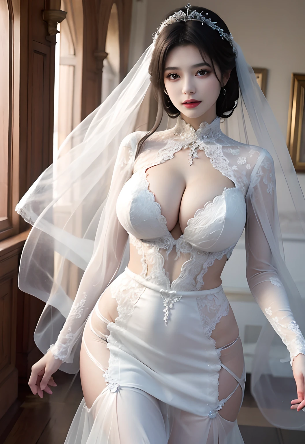 huge tit,Sheer tulle sheer wedding dress。