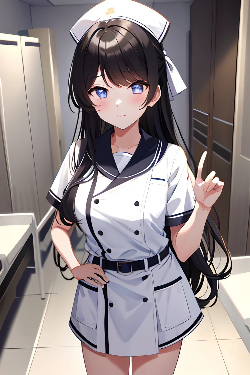 TachibanaHinano， 1girl， 独奏， long whitr hair， mediuml breasts， （split color hair， Black hair， Dark black hair： 1.3）， eBlue eyes， ssmile， standing on your feet， dynamicposes， 8k， tmasterpiece， best qualtiy， absurderes， Perfect anatomy， cinmatic lighting， cowboy lens， （nurses uniform：1.1）， （hospitals、surgery room：1.1）