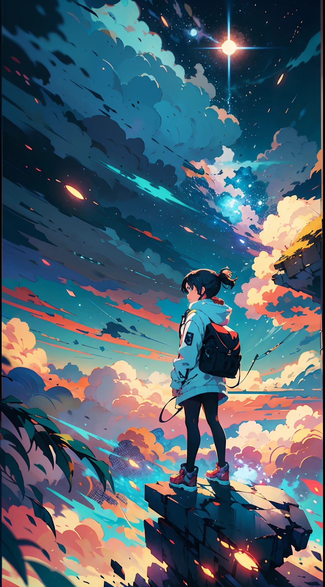 anime girl standing on a rock looking at a star filled sky, makoto shinkai cyril rolando, anime art wallpaper 4k, anime art wallpaper 4 k, anime art wallpaper 8 k, cosmic skies. by makoto shinkai, inspired by Cyril Rolando, in the style dan mumford artwork, amazing wallpaper, by Yuumei