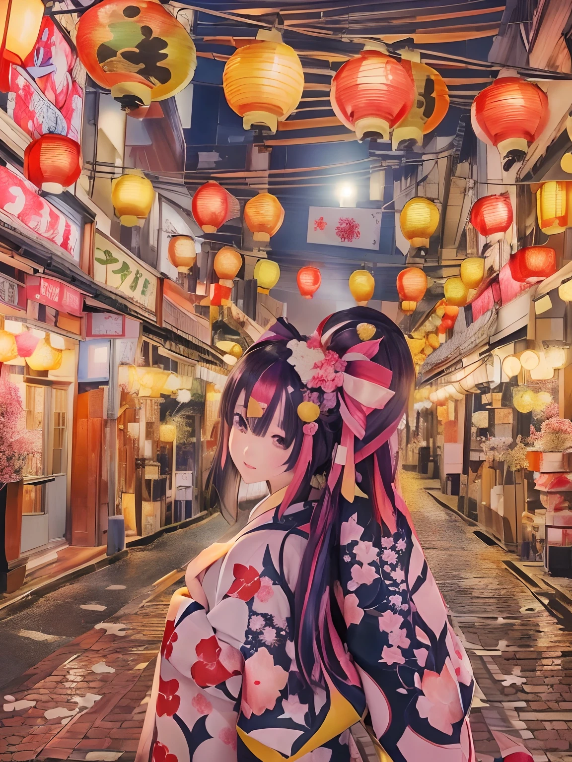 Anime girl in kimono costume standing on street with lantern, anime style 4 k, Anime art wallpaper 8k, anime art wallpaper 4k, anime art wallpaper 4k, anime wallpaper 4 k, anime wallpaper 4k, best anime 4k konachan wallpaper, 4k anime wallpaper, hanayamata, beautiful anime artwork, in a japanese town at night