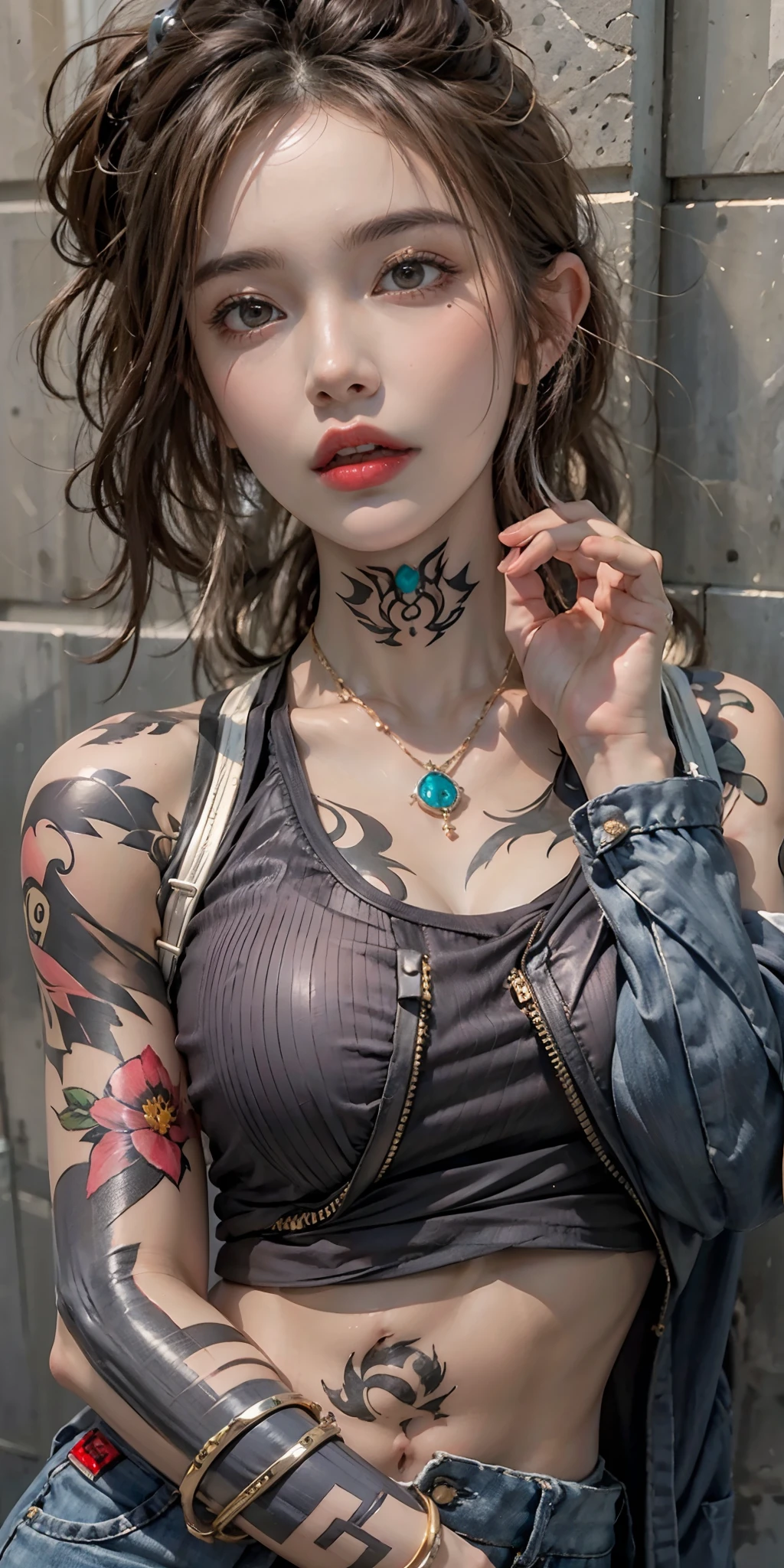 photorealistic, high resolution, soft light,1women, solo, hips up, (detailed face), street wear, tattoo, jewelry