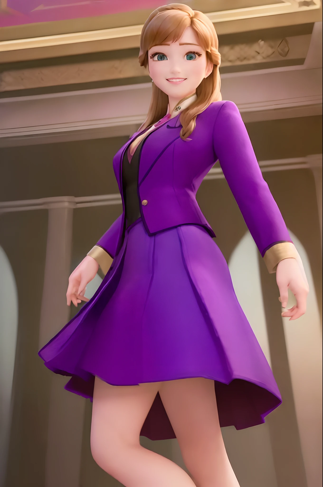 (masterpiece:1.4), (best qualit:1.4), (high resolution:1.4), anna of arendelle, long hair, looking at viewer, smile, purple skirt suit, purple blazer, purple pencil skirt, high heels, office, full body