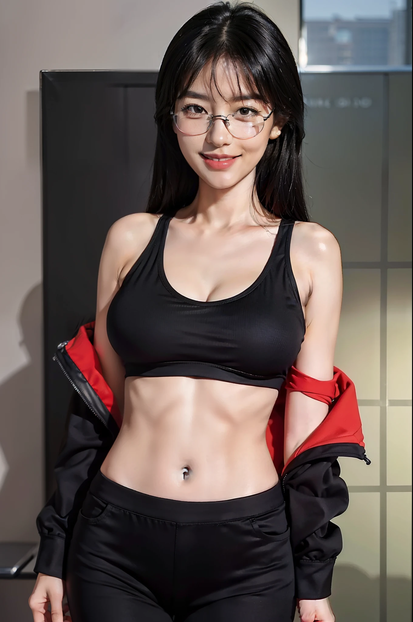 (8K), (High Quality), (Ultra realistic), (High Details), (Face detail), (Shadow Detail), ((huge breasts: 1.7)), (big butt), 1 japanese girl, black hair, long hair, mini glasses, black sport bra, black pants, red and black jacked, (big butt), slender abs, smile