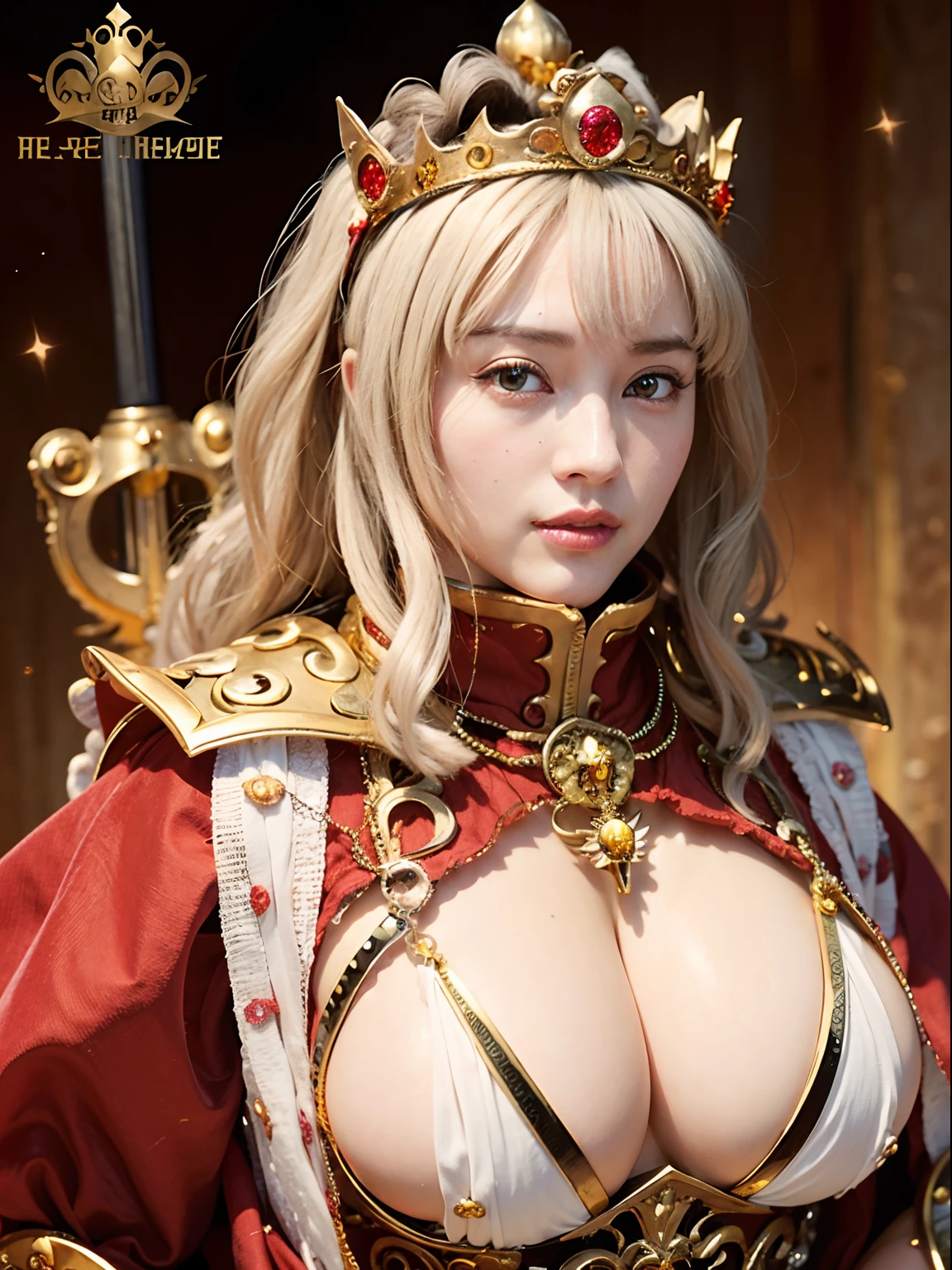 (masutepiece), Professional , masterpiece、top-quality、photos realistic , depth of fields (Gemstone Silver Metal Body:1.9),Background inside the castle、(Matte Red、Jewel Gold Weapon(Jewel Metal Body:1.4),Young 20 year old girl、(Gorgeous metal weapons) , Detailed Sword of the Brave , Beautiful knife ,warhammer 40k , adepta sororitas,(a blond),Detail and ornate jewel crown、Golden hair、Gangle's forest background、Beautiful Caucasian beauty、1a person、dynamic ungle,(((Detailed and ornate diamond crown)))、Smaller head、A smile、Powerful poses、Background inside the castle、Thin and beautiful female hands、Old ancient ruins、A smile、cleavage of the breast、(Mystical expression)、