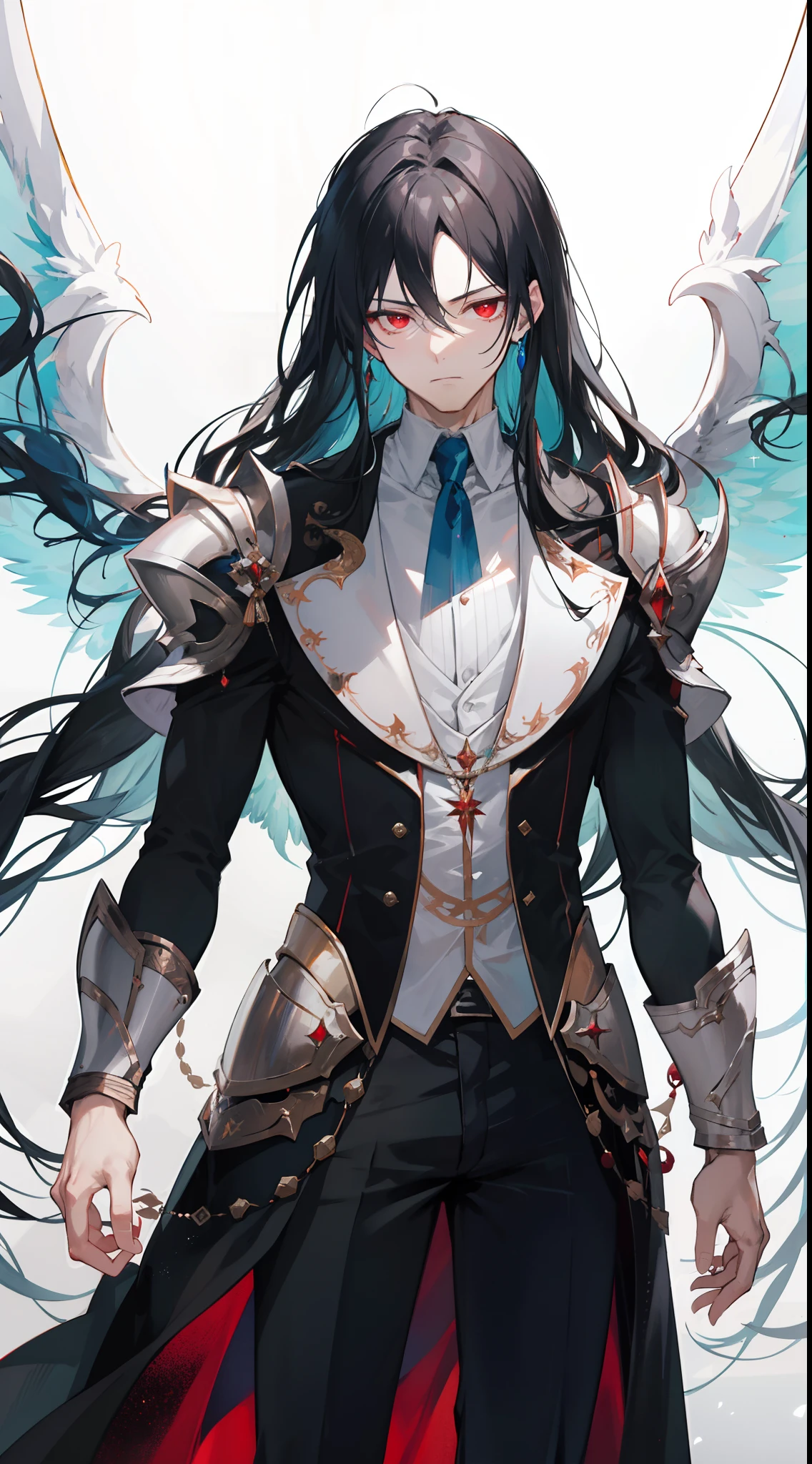 "Generate an image portraying Alfred's true form with black hair and sharp red eyes, concealed beneath a thick armor of radiant light, adorned with majestic wings. Depict him standing regally, his visage obscured by the brilliance of his divine attire. Convey the sense of awe and reverence that his celestial presence commands, as he stands as the epitome of otherworldly power and enigma."