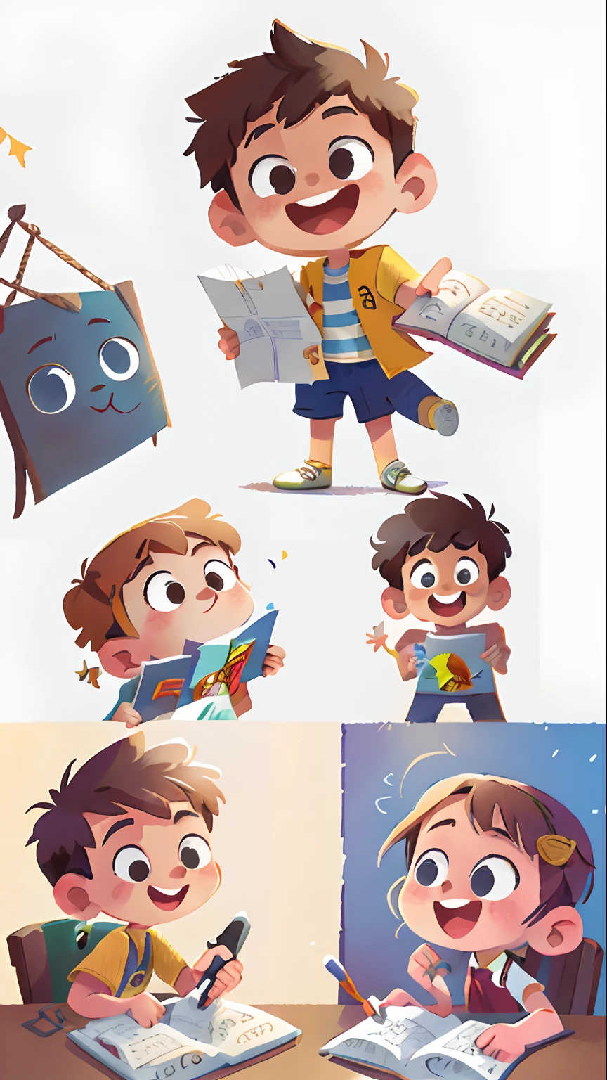 A -yeld mastudent and a 14-year-o fe stud are holding a rectangular board above their heads.
Happy and smiling in the style of children's book characters, character sheet, white background, adjective + object, character sheet, children's book character, white background