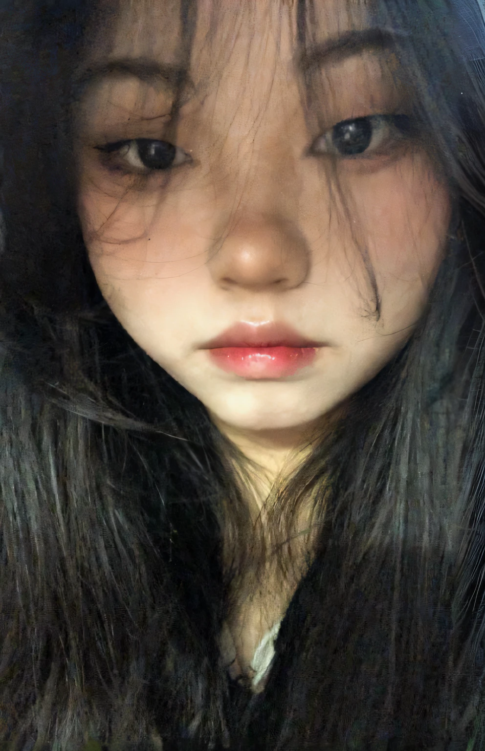 Close-up of a woman with long hair and black jacket, small lips pointy nose, big round nose closed lips, pale round face, with very thin lips, with small nose, cruel korean goth girl, wan adorable korean face, ulzzangs, jimin\'s plump lips, Cute nose, pale thin lips, girl cute-fine face,Full body like,a white bikini