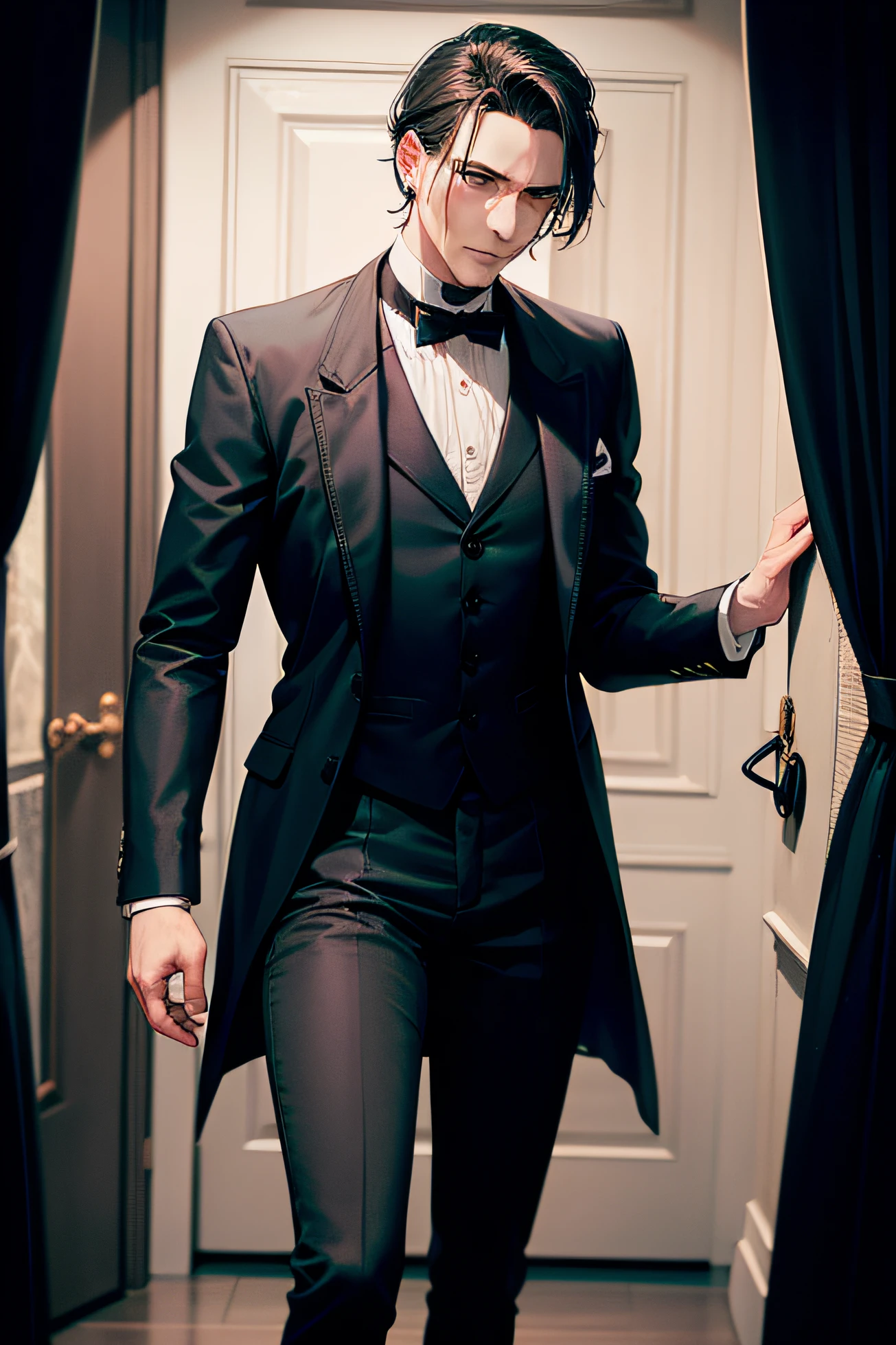 A slender man dressed in black, ugly and treacherous, a dark man,19th century clothing,face expressionless,full bodyesbian,standing on your feet,Middle-aged greasy uncle