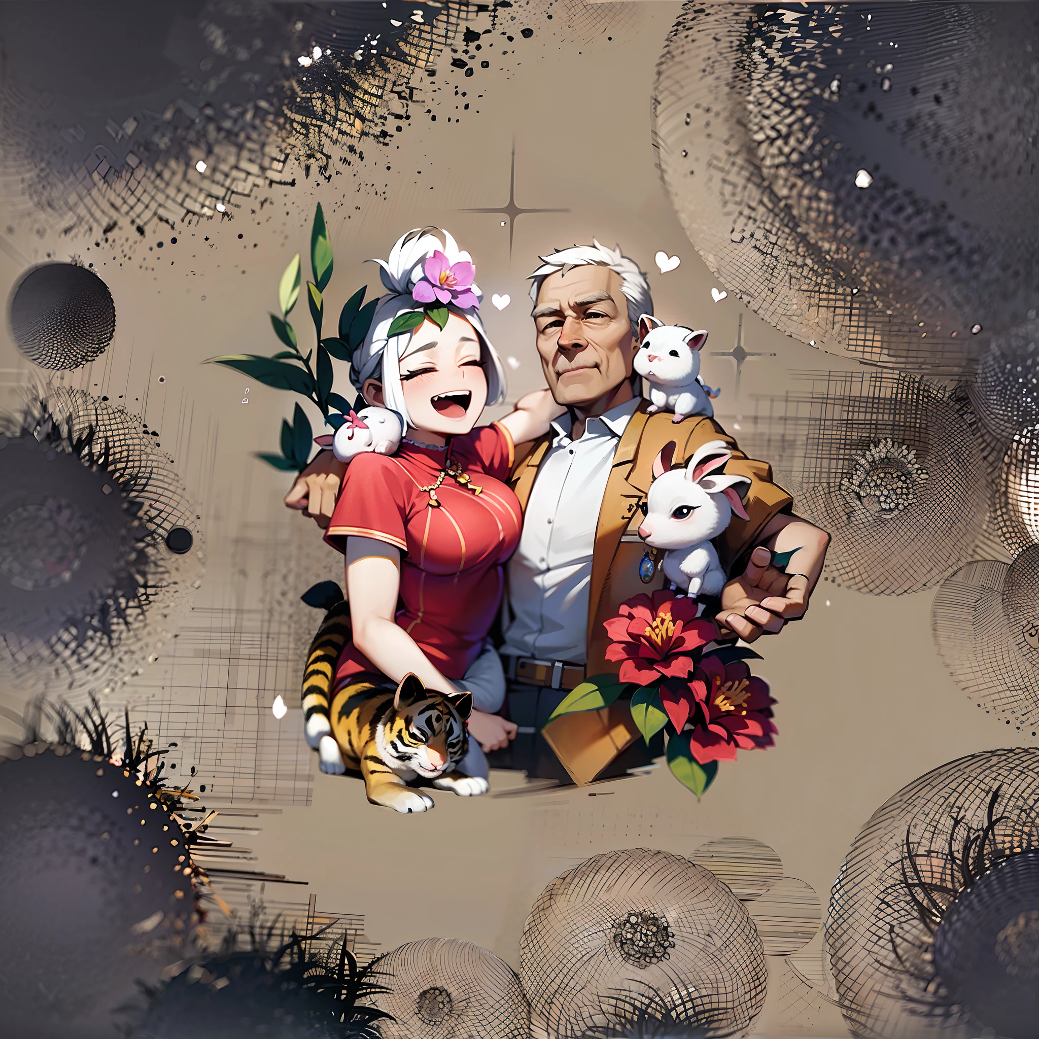 (Grandparents as protagonists,Two cute little piglets, One lies on Grandma's shoulder,One sits on Grandpa's shoulders,Sit on grandpa,A cute little lamb lies on her grandmother's head,In the lower left corner is a cute tiger,To Grandpa's right is a cute dragon,Under the dragon are two camellias,Next to my grandmother was a faint orchid):2
