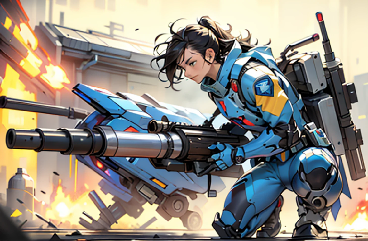 Dressed in a blue mech suit，Armed cannon，A battlefield filled with gunfire，Always ready to fight，