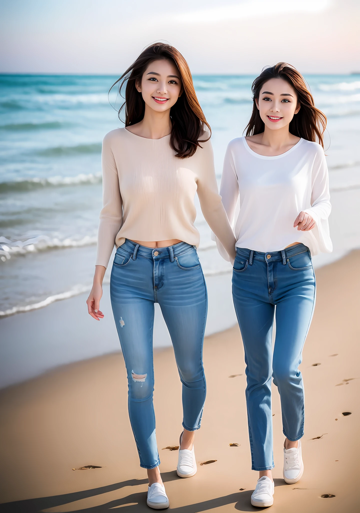 Woman in jeans on the beach，Dancing sexy，Full body shooting:1.8（RAW photogr，超高分辨率，8K,HD,tmasterpiece，best qualtiy），Complicated details， 20 years old Asian woman，Women wear smoked gray cropped bottomed tight sweaters（Slim fit，Fit snugly to the body）and trendy jeans with open navels，Realistic and detailed costumes，Detailed beach，A sweet smile appeared on the little face，The face is white and tender，skin lightening，Ultra-realistic facial details，White skin and beautiful appearance，Skin is as fat as jade，The face is delicate and watery，Beautiful accessories，Playful and coquettish pose，The calves are straight and slender:1.5，Wear high-end branded travel shoes:1.5，eventide，warm color，Broad lighting，naturalshadow，taking a full body photo:1.8