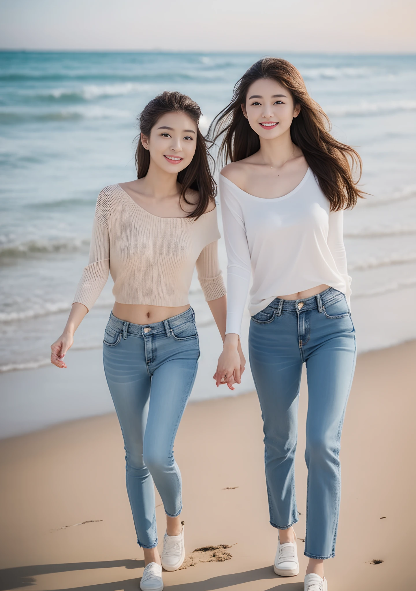 Woman in jeans on the beach,Dancing sexy,Full body shooting:1.8(RAW photogr,超高分辨率,8K,HD,tmasterpiece,best qualtiy),Complicated details, 20 years old Asian woman,Women wear smoked gray cropped bottomed tight sweaters(Slim fit,Fit snugly to the body)and trendy jeans with open navels,Realistic and detailed costumes,Detailed beach,A sweet smile appeared on the little face,The face is white and tender,skin lightening,Ultra-realistic facial details,White skin and beautiful appearance,Skin is as fat as jade,The face is delicate and watery,Beautiful accessories,Playful and coquettish pose,The calves are straight and slender:1.5,Wear high-end branded travel shoes:1.5,eventide,warm color,Broad lighting,naturalshadow,taking a full body photo:1.8