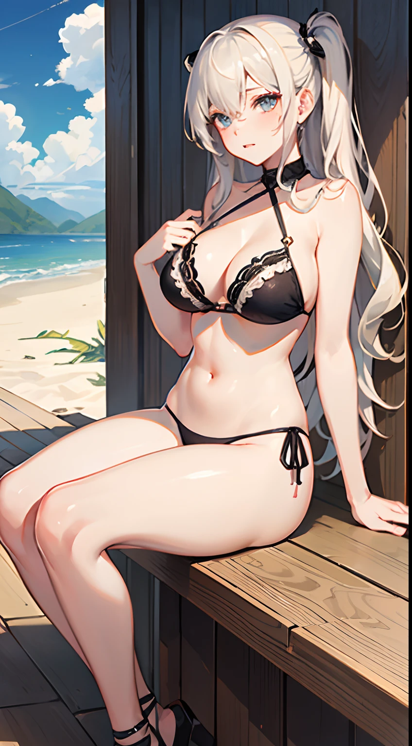 ((Best Quality)), (Ultra-detailed), ((Extremely detailed)), (Beautiful), ((Kawaii Girl)),(two side up hair).,Platinum Blonde Hair,Long hair, hair between eye, Wavy Hair, Long sideburns,Jade-colored eyes, White skin,Normal Chest,Slender body,Cross Halter Bikini,Sandals,Sitting,in beach,Look Camera