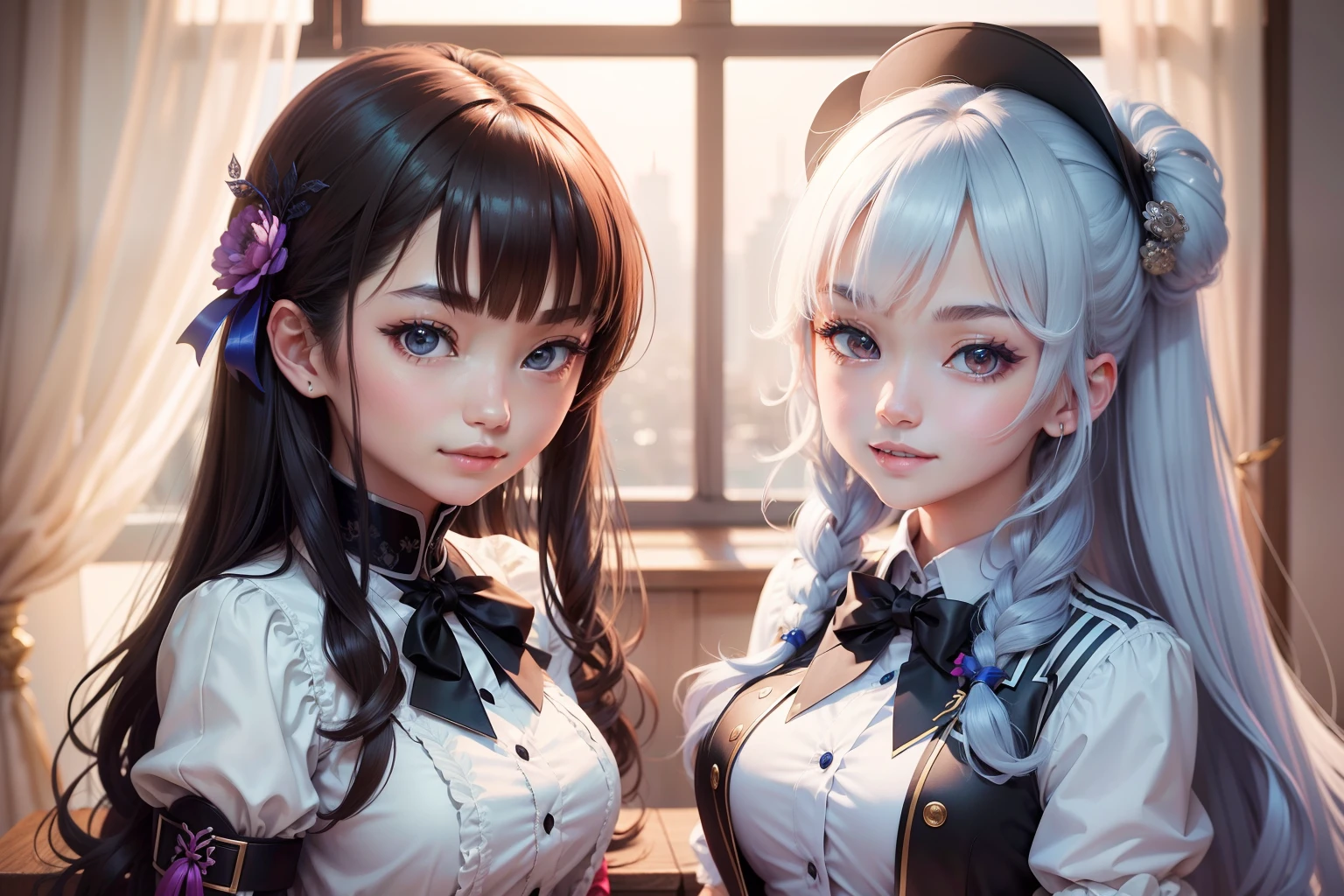 tmasterpiece， High- sharpness， Best quality at best， 2girls， Kamisato_Ayaka， ssmile， komono